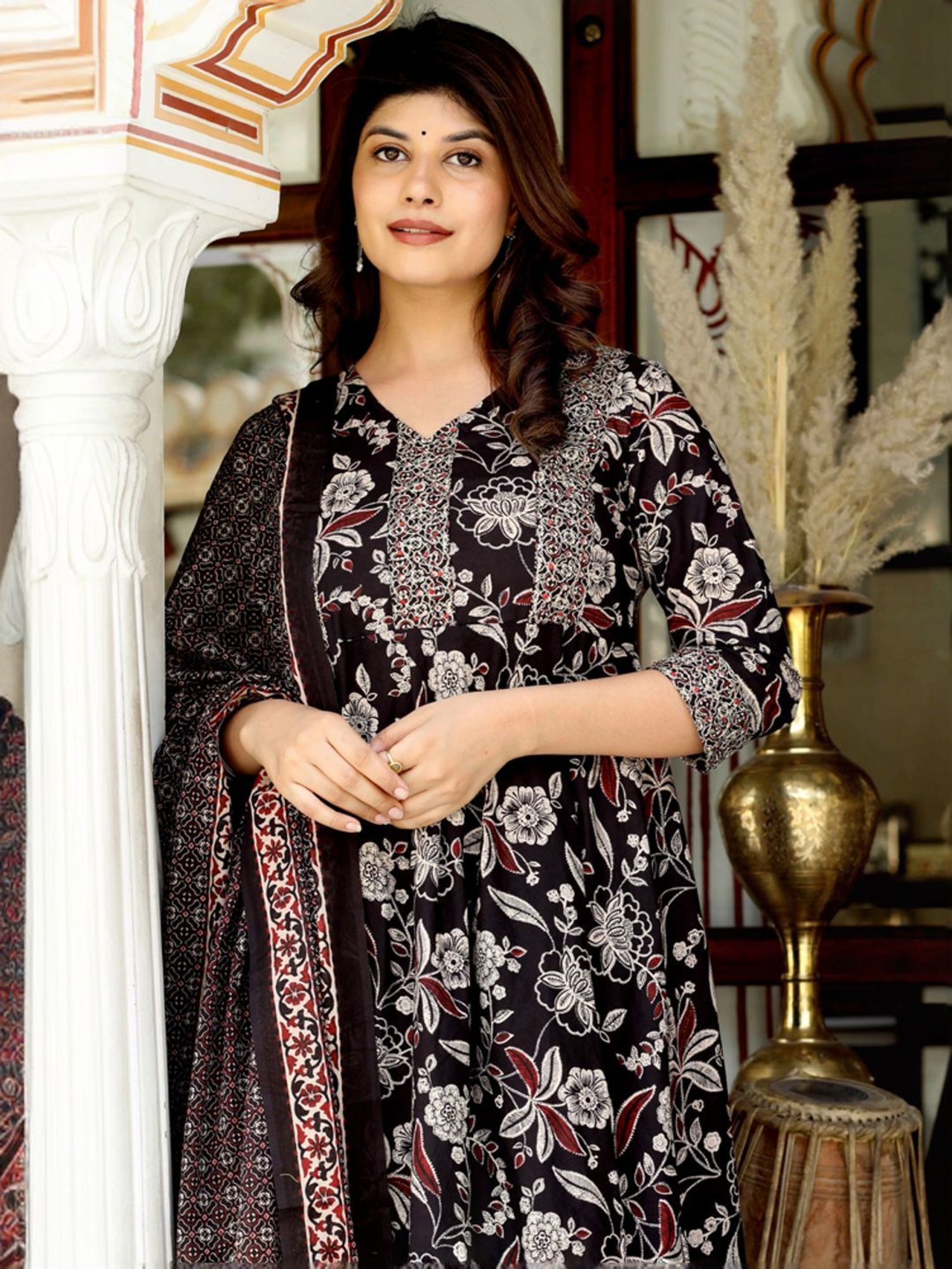 Miravan Black Cotton Embroidered Kurta Palazzo Set With Dupatta