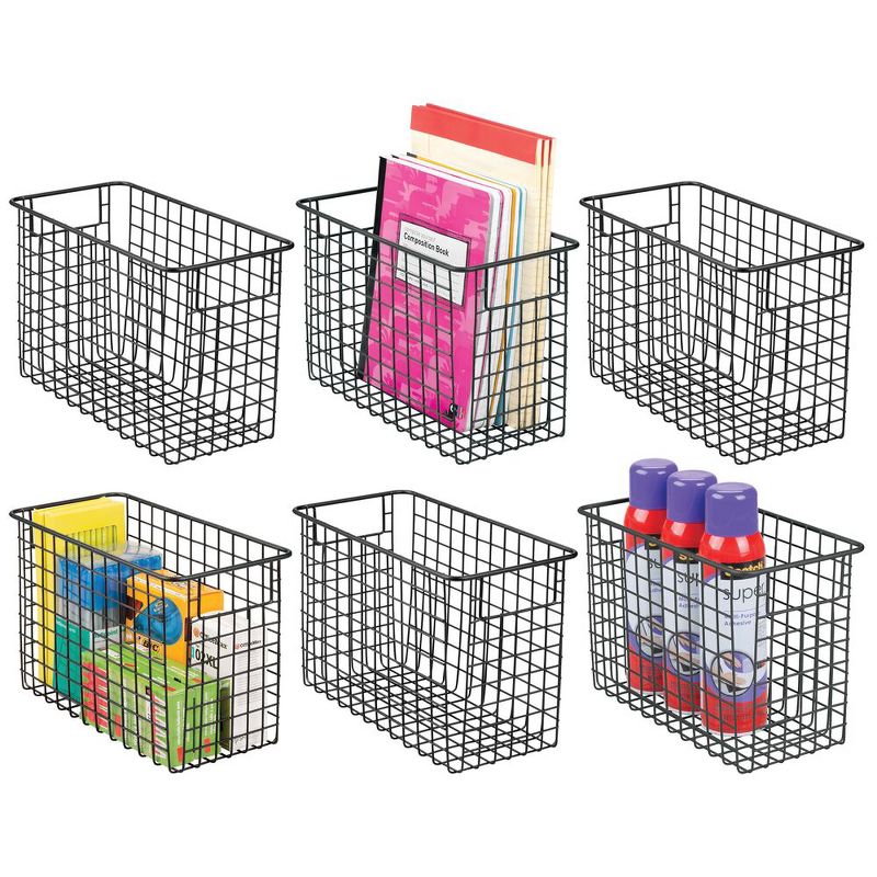 mDesign Metal Storage Basket Bin with Handles for Home Office - 6 Pack -Black