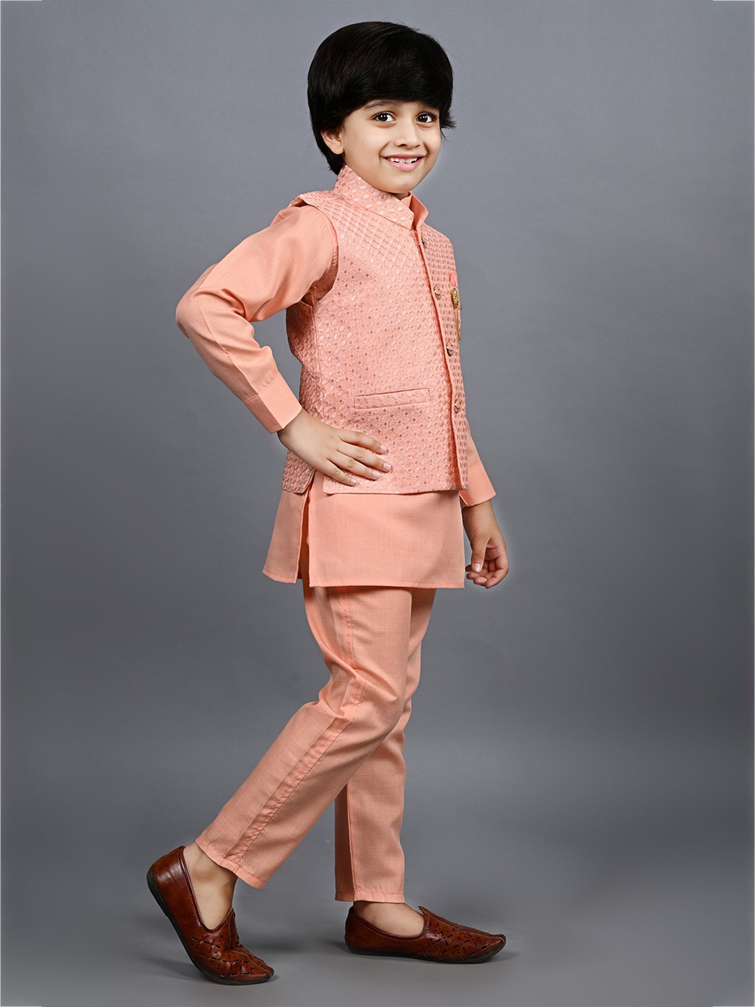 Ahhaaaa Kids Peach Embellished Full Sleeves Sherwani, Jacket & Pyjamas