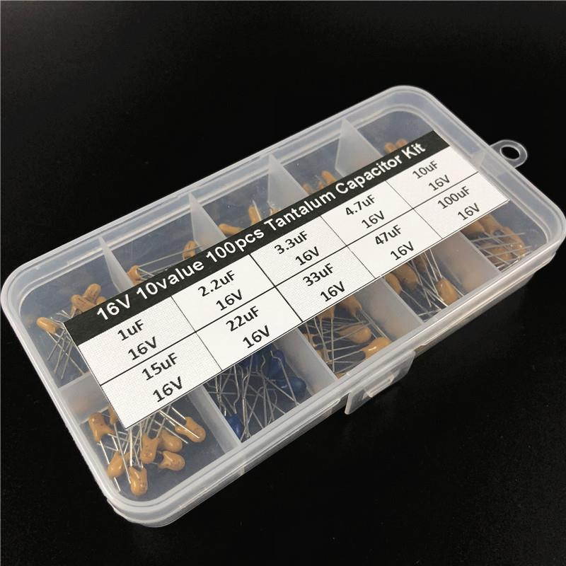 10values 100pcs 16V 1uF 2.2uF 3.3uF 4.7uF 10uF 15uF 22uF 33uF 47uF 100uF tantalum capacitor assorted kit with free storage box