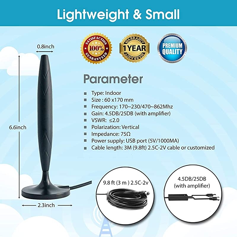 Antenna for Digital IndoorHD High Definition Television Smart Signal Strength Amplifier Premium Power Booster Long Range Antennas Clear Channel Reception Miles Away Adapter with 98f Cable