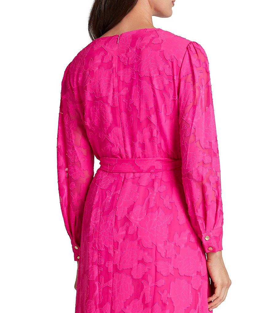 Tahari ASL Floral Burnout Faux Wrap Long Sleeve Ruffle Front Midi Dress