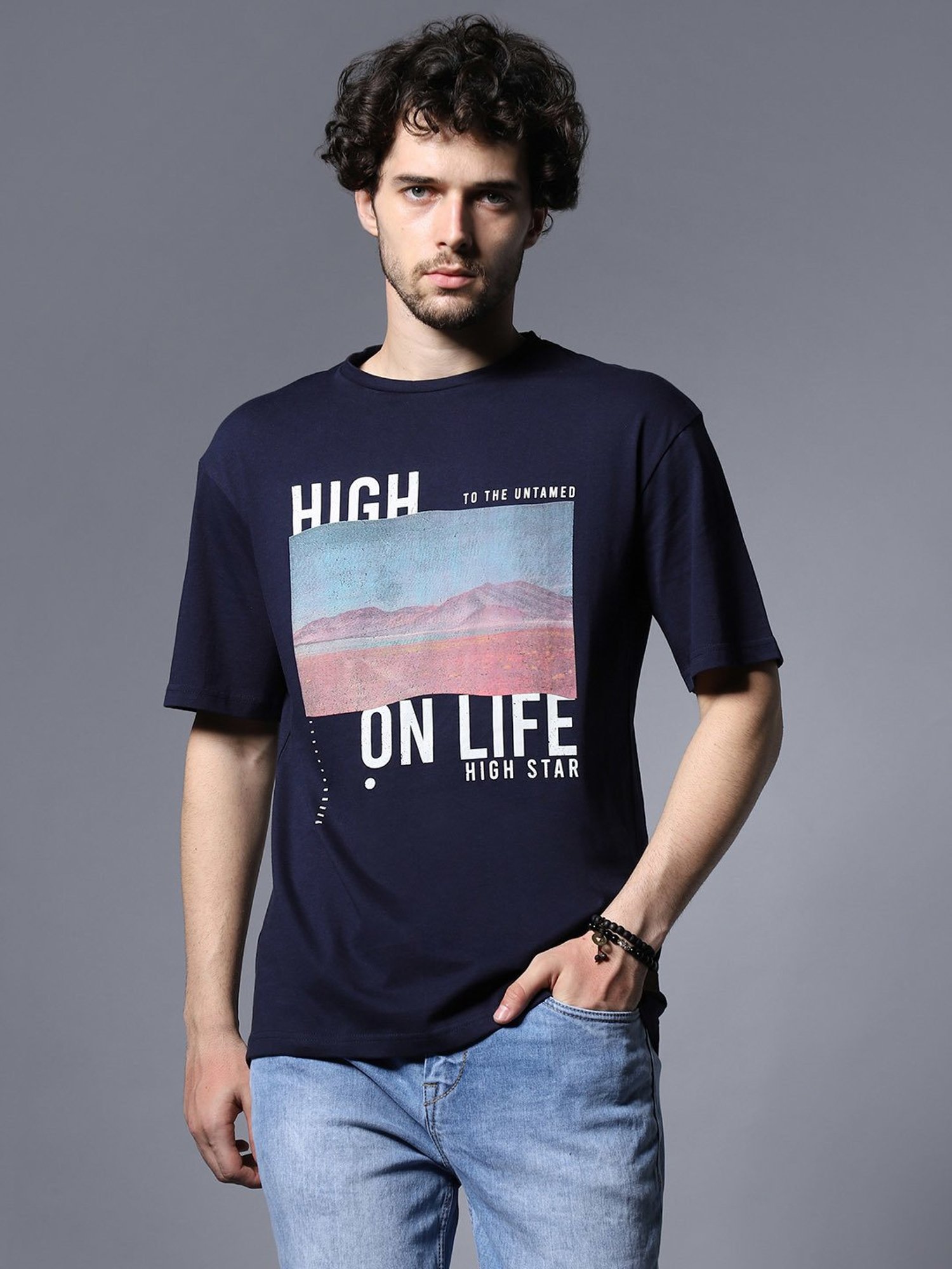 High Star Navy Relaxed Fit Graphic Print T-Shirt