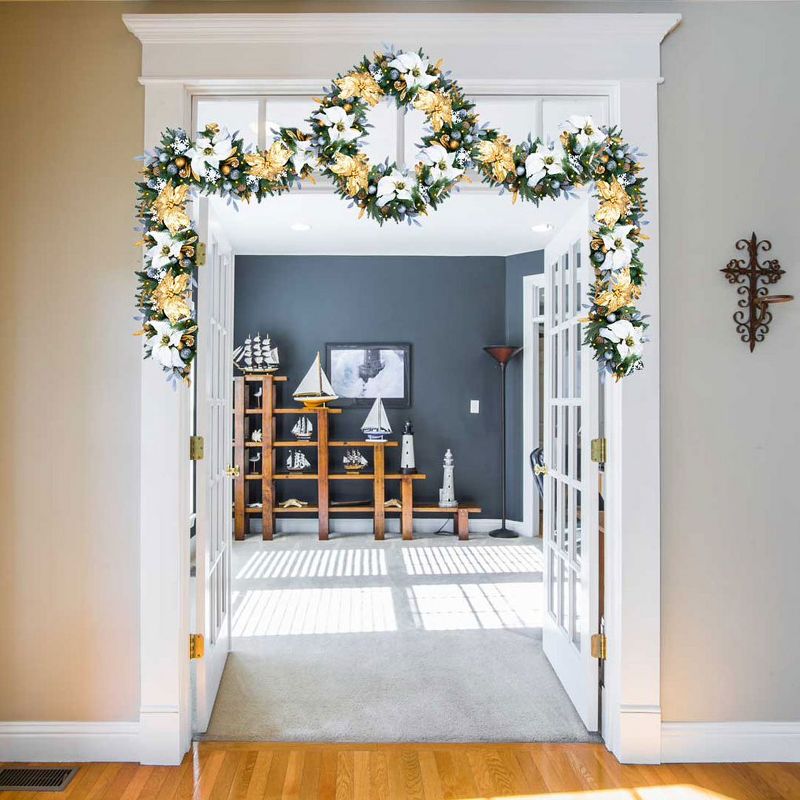 Easy Treezy Indoor Artificial 6 Foot Pre Lit Decorated Holiday Christmas Garland with White Lights, Poinsettia Flowers, Ornaments, and Pine Cones