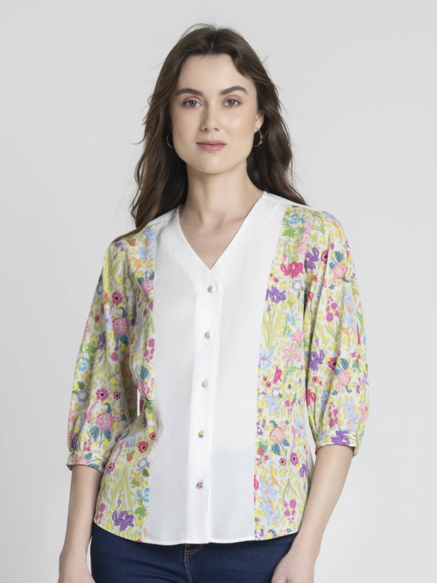SHAYE White & Green Floral Print Top