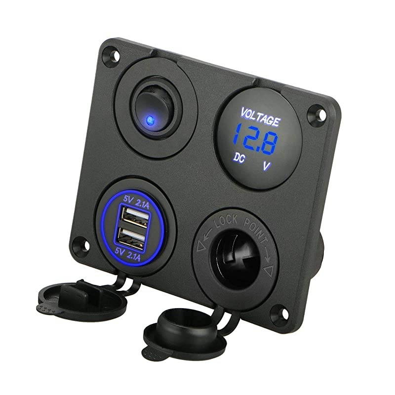4 in 1 Charger Socket Panel 12V 42A Dual USB Charger Socket Power Outlet LED Voltmeter Cigarette Lighter Socket LED Lighted ON Off Rocker Toggle Switch for Car Marine Boat RV Truck