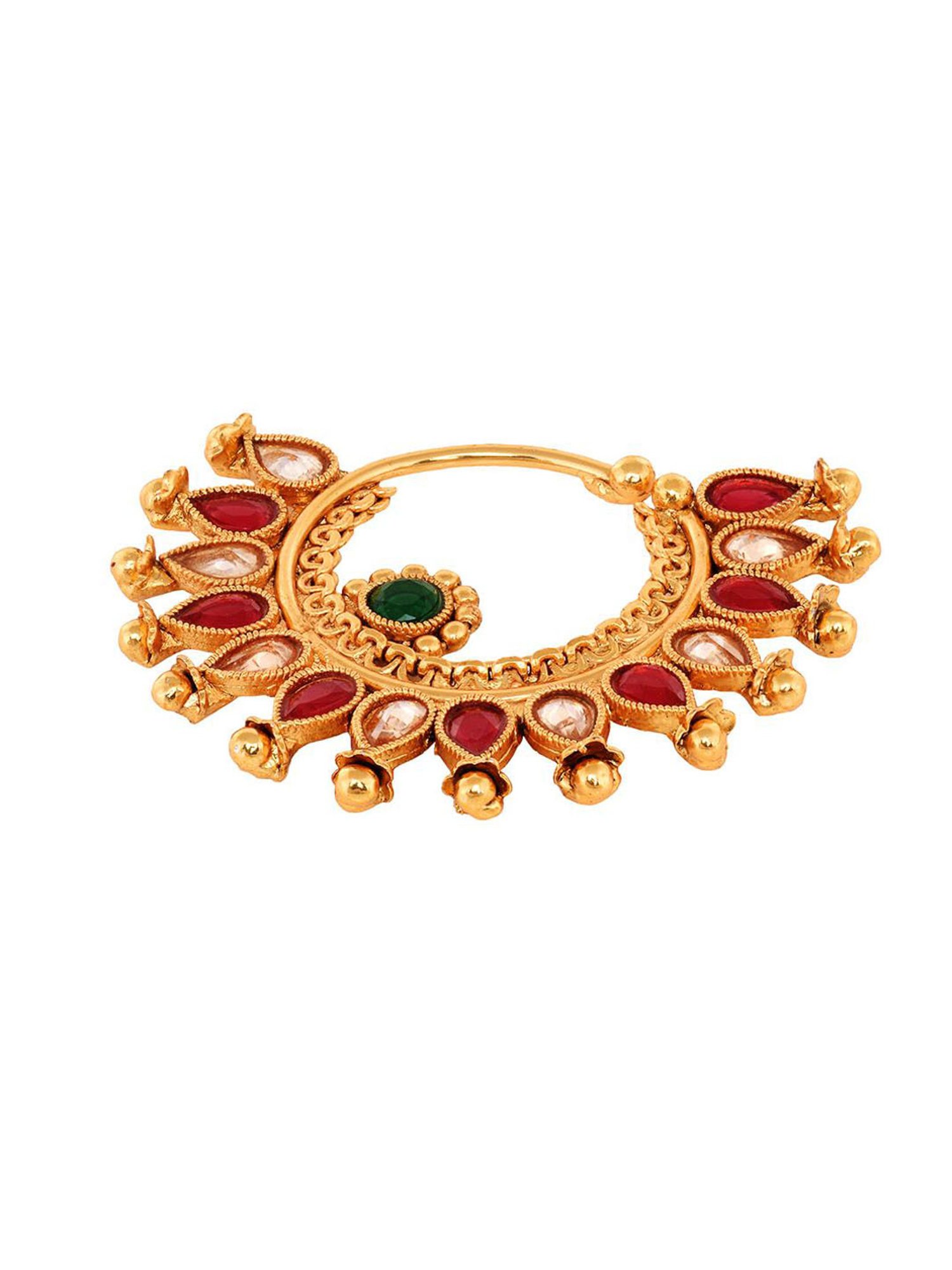 Saraf Rs Jewellery Gold Plated Red Polki Studded Modern Nose Ring