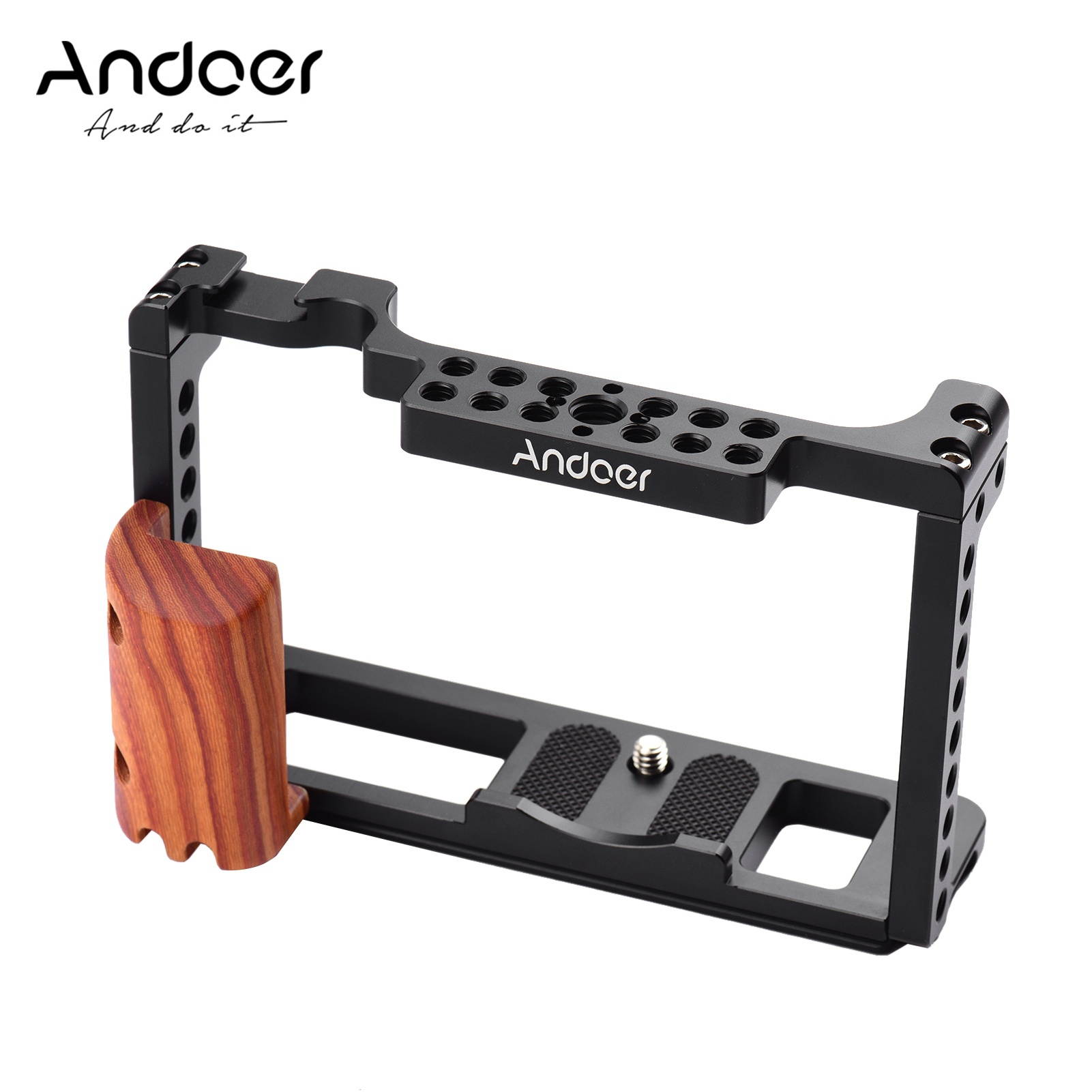 Andoer Aluminum Alloy Camera Cage Protective Vlog Cage with Wooden Hand Grip Film Making System with Cold Shoe for Microphone Fill Light Compatible with Fujifilm X-T4 ILDC Camera
