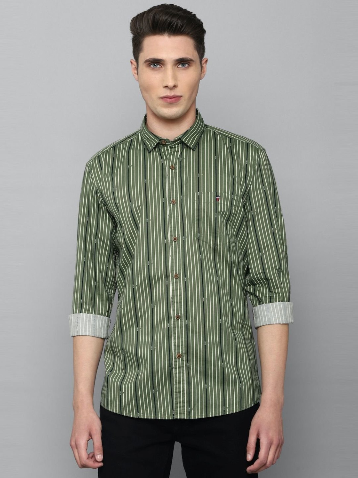 Louis Philippe Jeans Green Cotton Slim Fit Striped Shirt