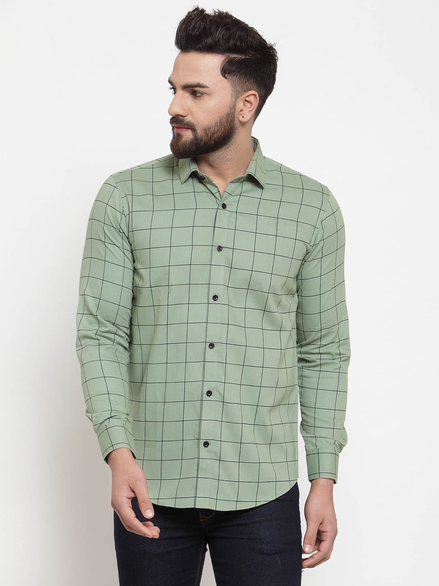 Jainish Pista Green Regular Fit Check Shirt