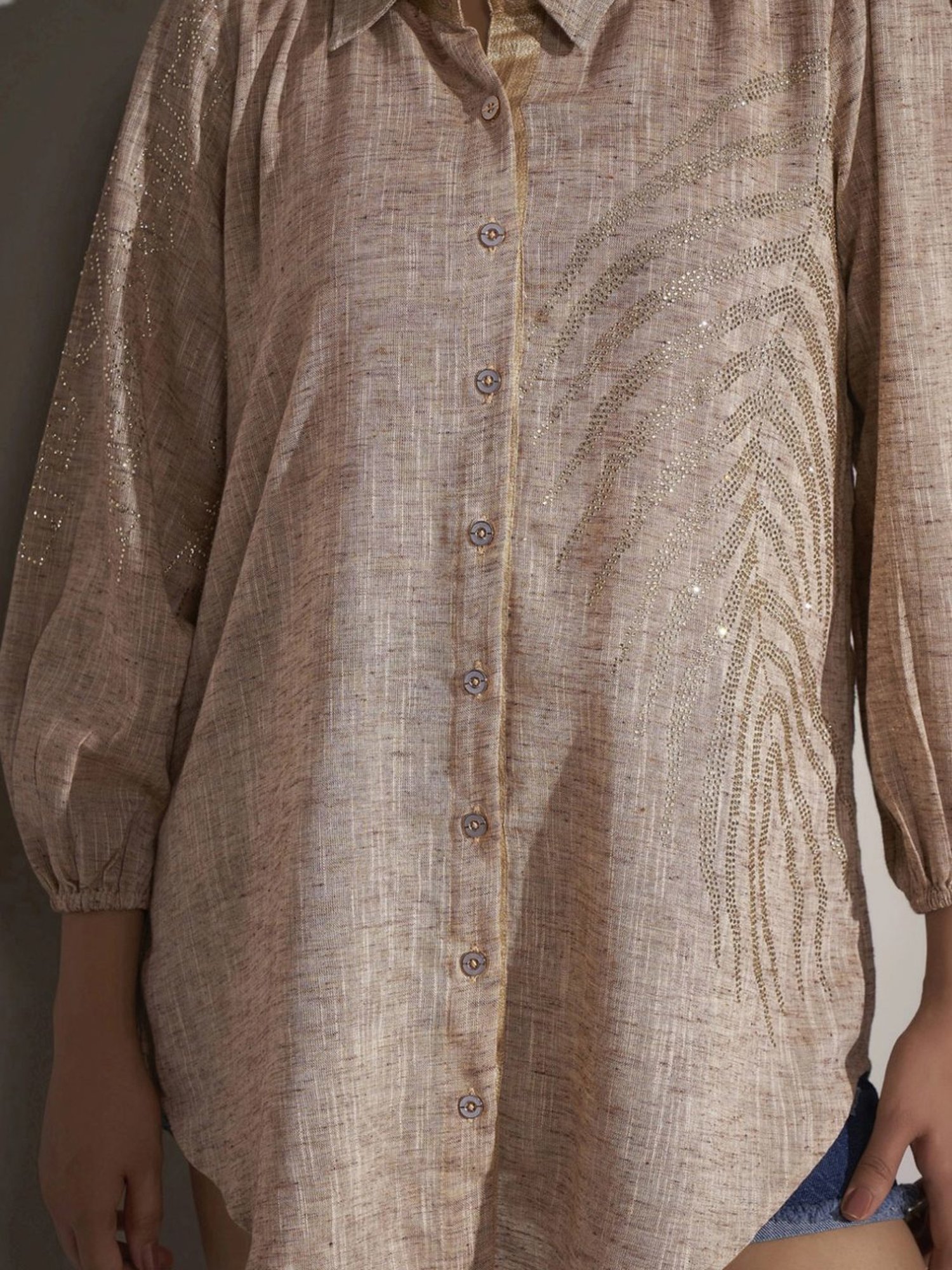 Kaftanize Beige Cotton-Linen Shirt with Fern Leaf Rhinestone Decorations