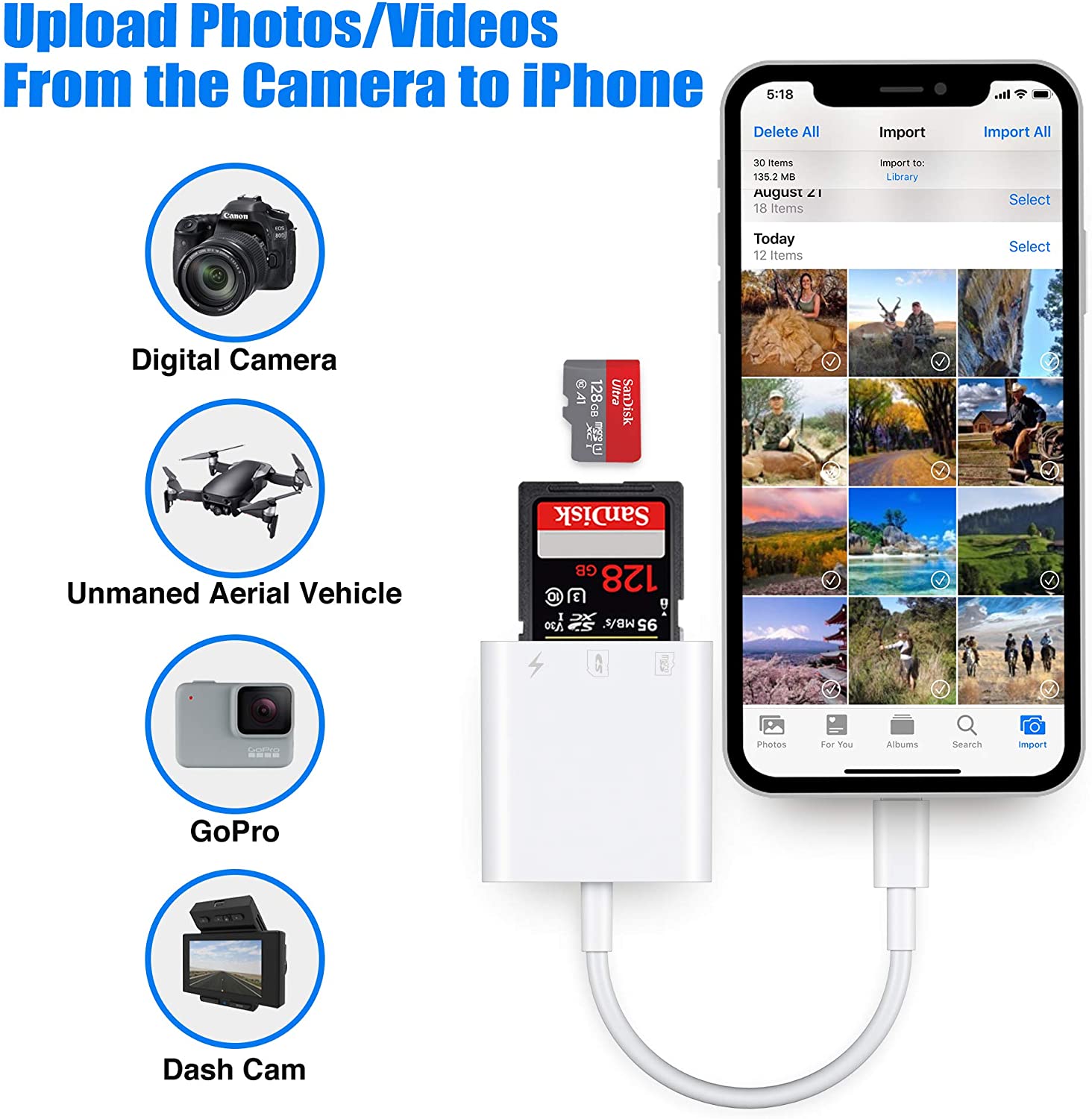 SD Card Reader for iPhone iPad,DSLR Camera Trail Game Camera Dash Cams SD/Micro SD Card Reader,Memory Card Camera Reader Adapter,Plug and Play,No App Required