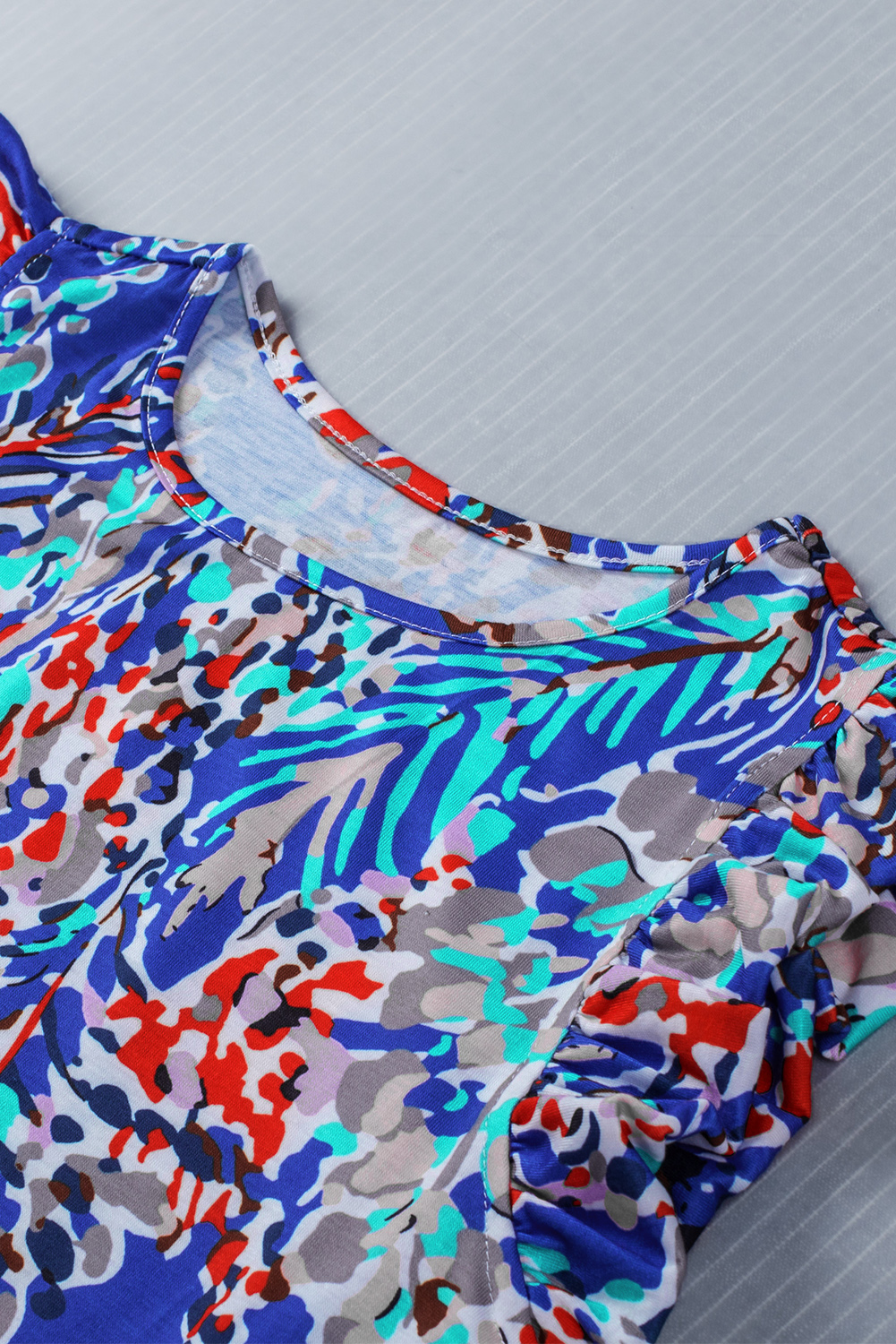 Dark Blue Abstract Print Babydoll Ruffle Sleeveless Shirt