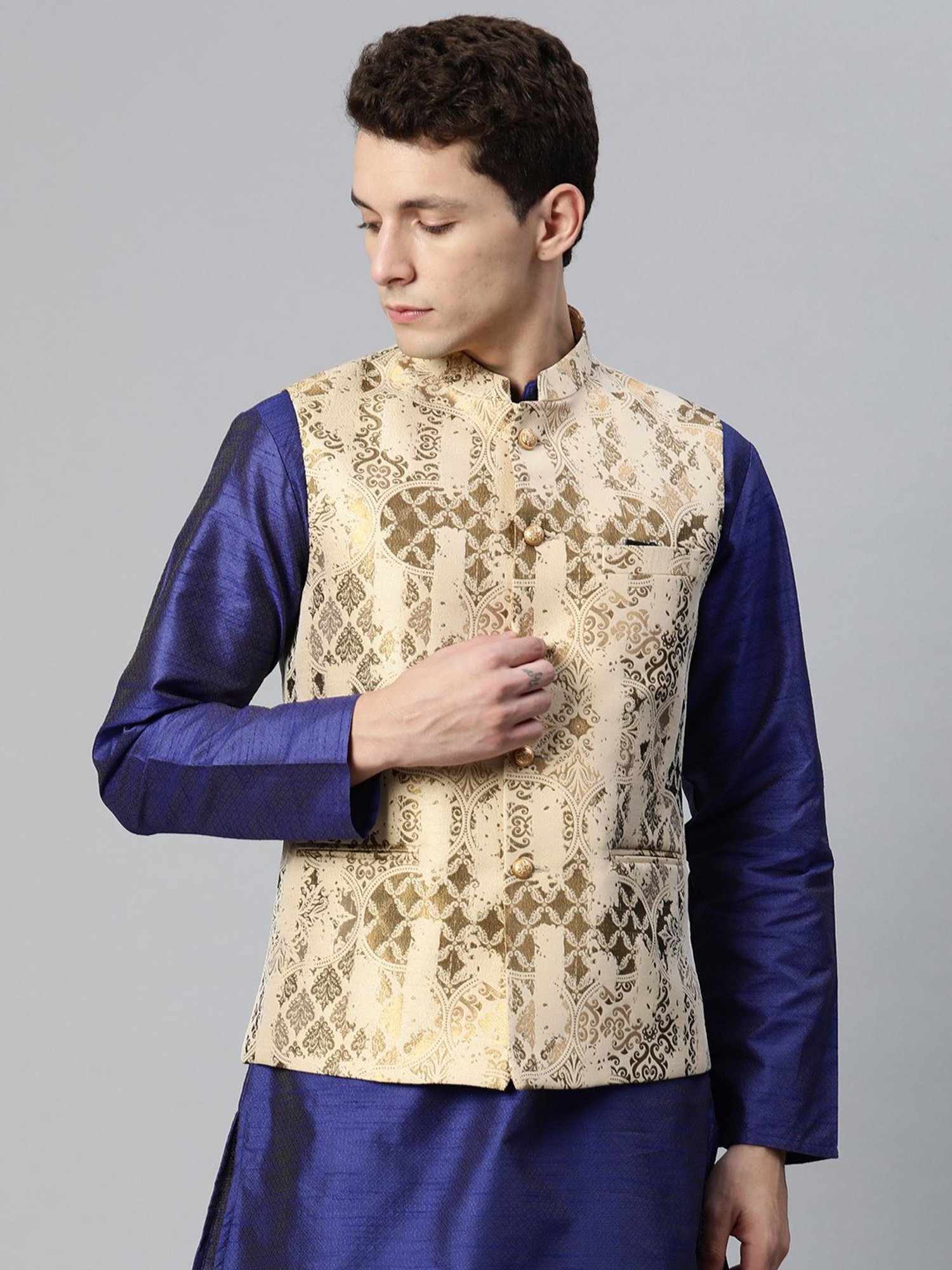 ManQ Beige Slim Fit Nehru Jacket