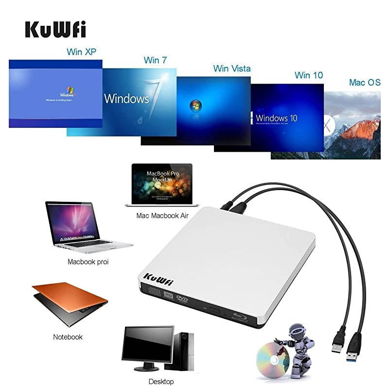 External Blu Ray Drive USB 3.0 Player External CD/DVD Burner/Writer Blu-Ray Portable Drive Optical Drive Support 3D for MAC PC Laptop Notebook