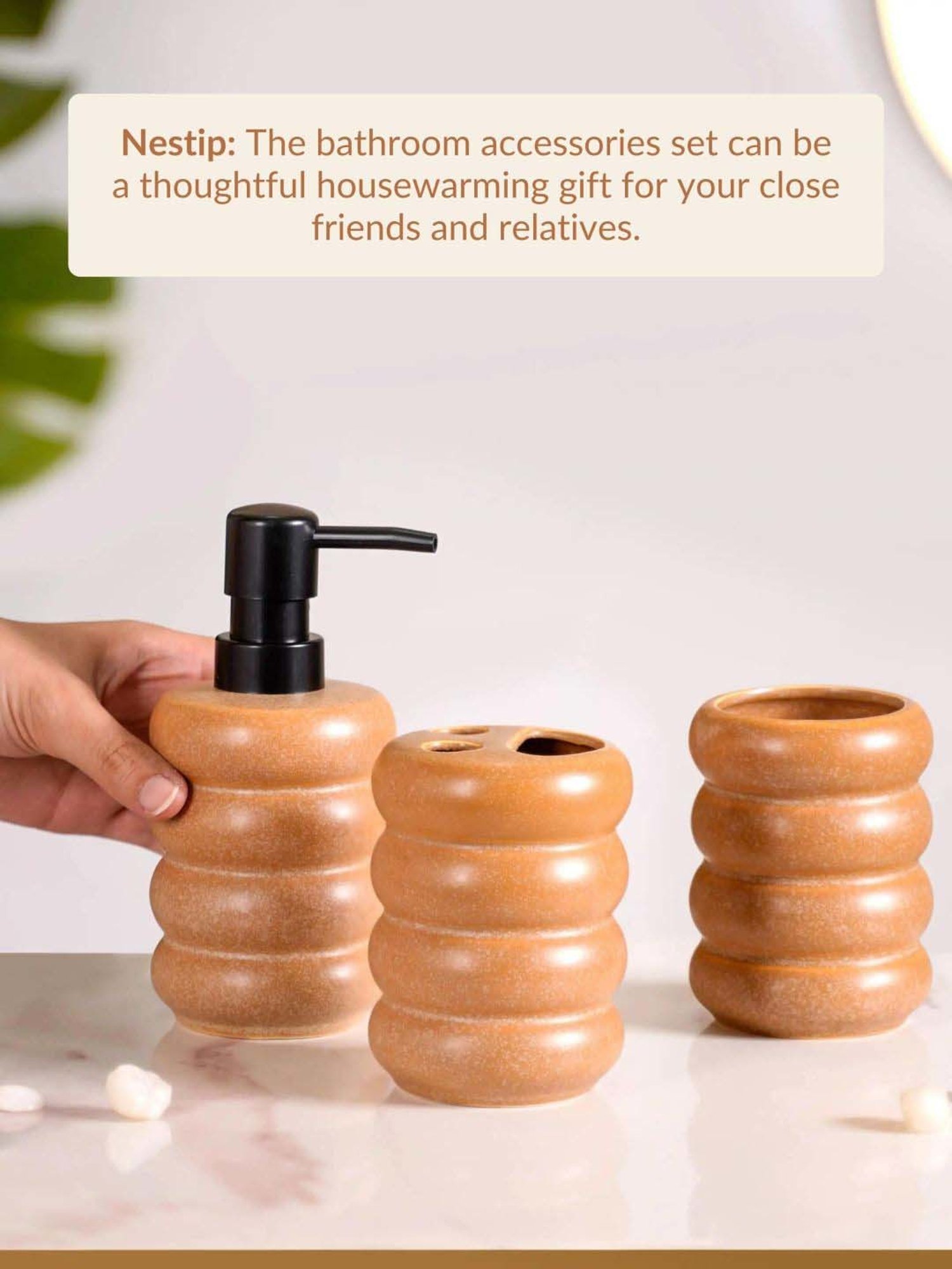 Nestasia Brown Color Abstract Stacked Tier-Like Ceramic Bathroom Accessories Set of 3