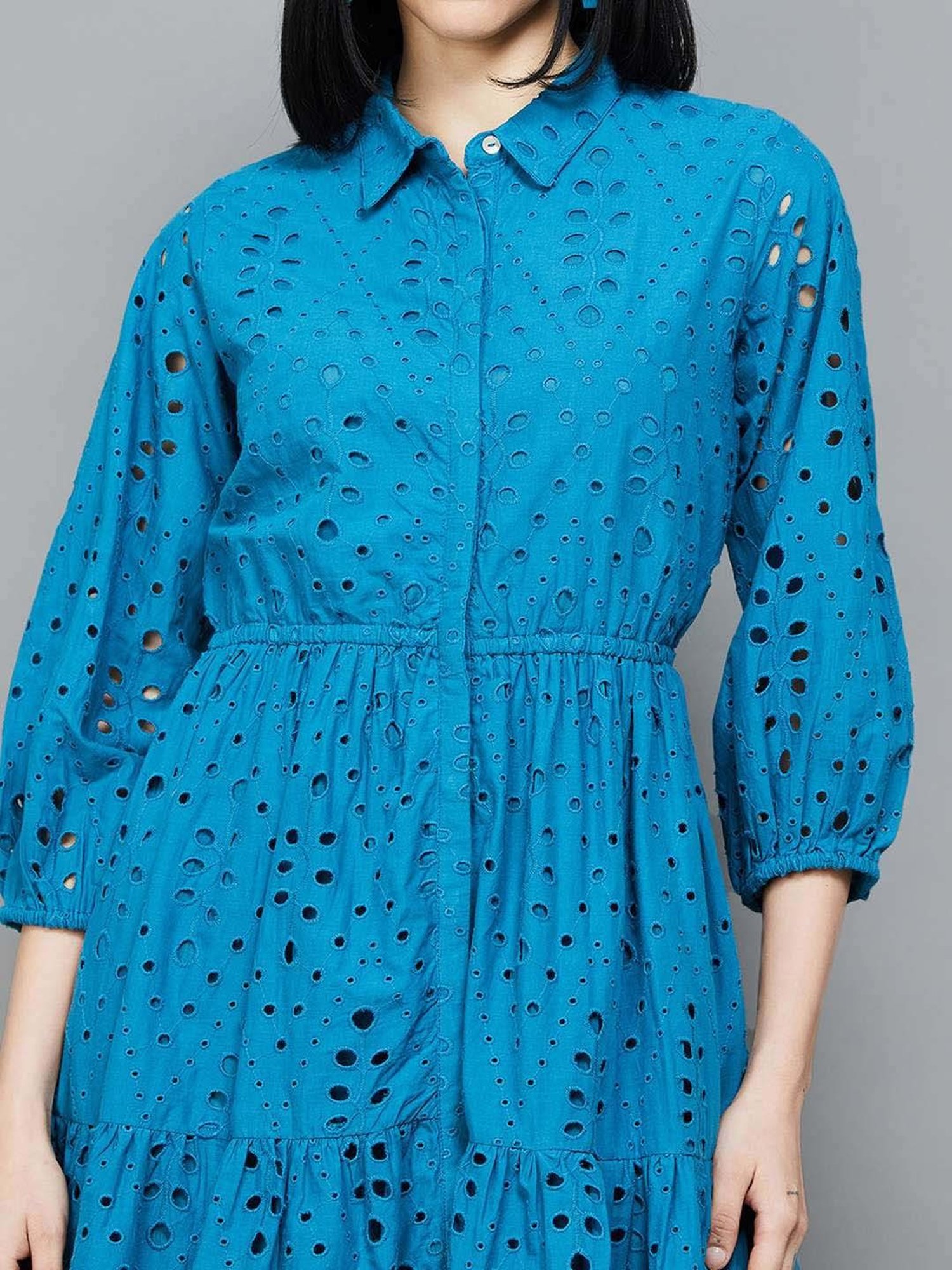 Colour Me by Melange Blue Cotton Self Pattern Shirt Dress