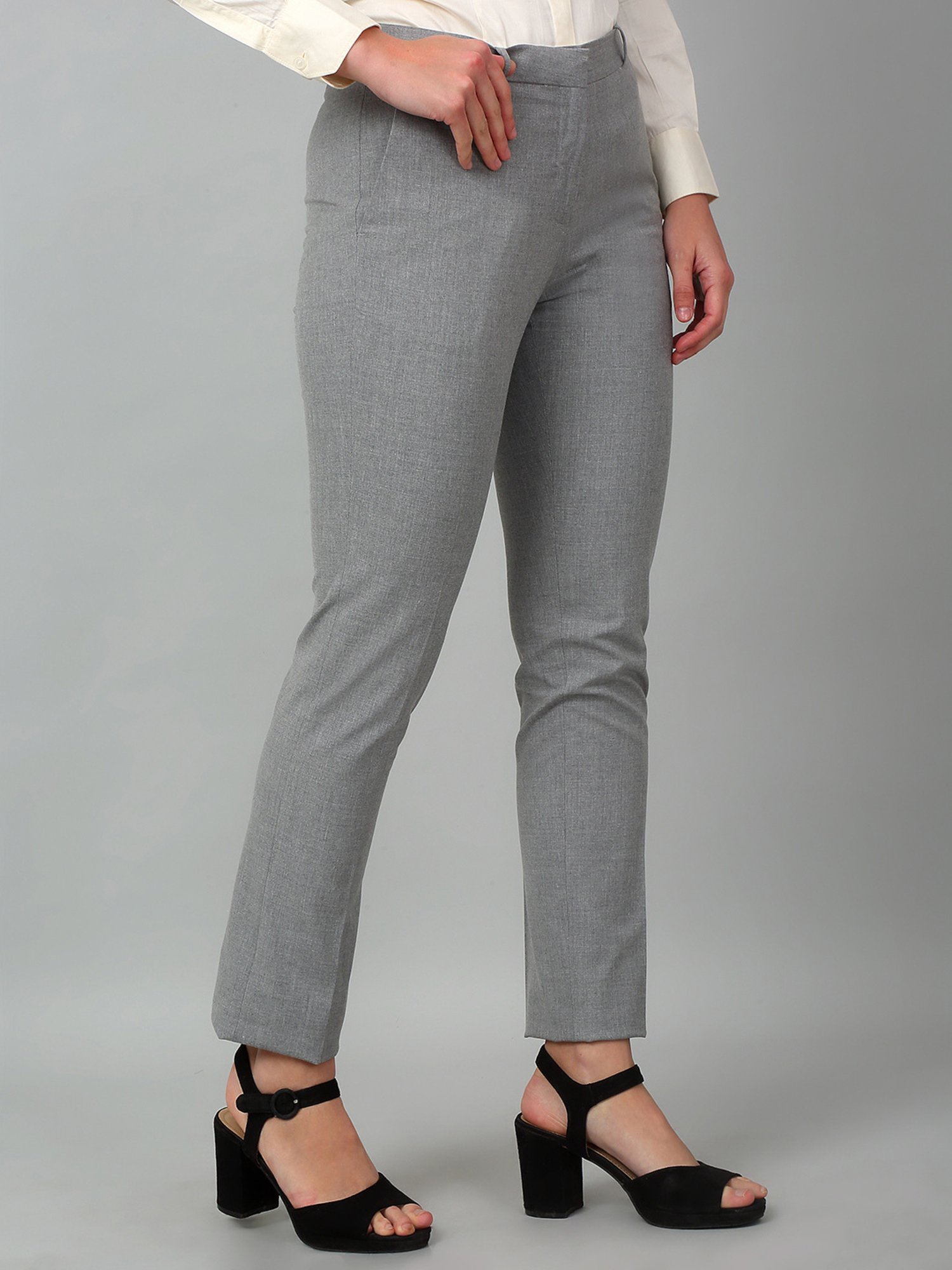 Cantabil Grey Cotton Lycra Textured Regular Fit Mid Rise Trousers