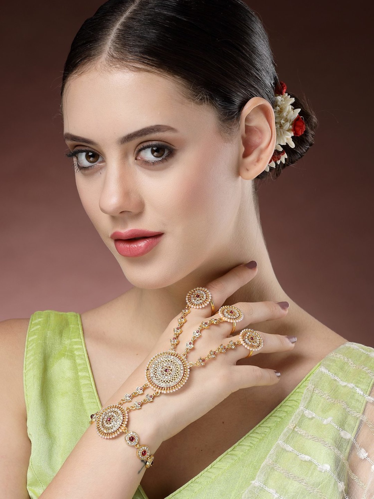 NVR Women's Gold-Plated CZ Stone-Studded Handcrafted Ring Bracelet