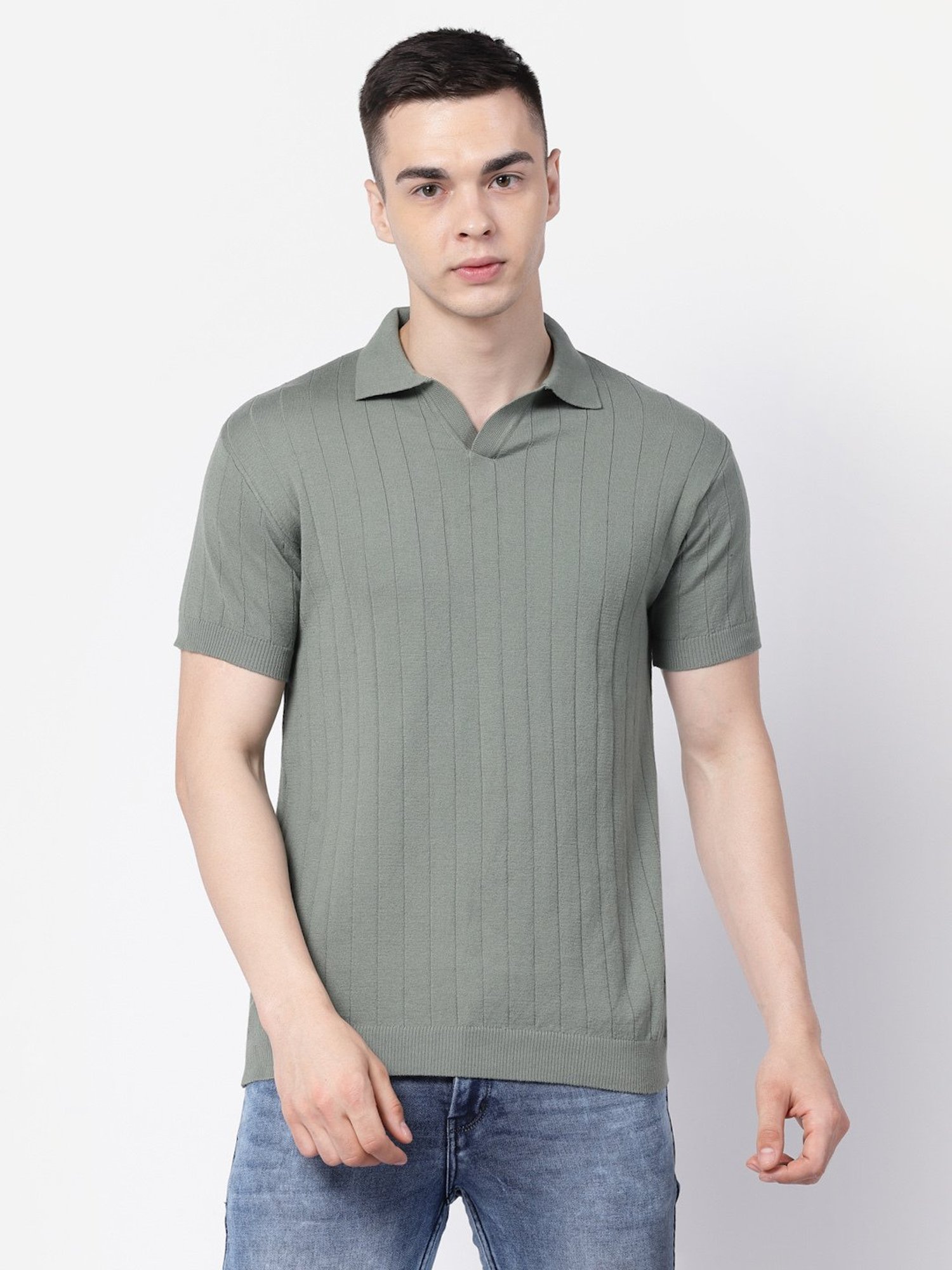 Kalt Light Green Regular Fit Striped Polo T-Shirt