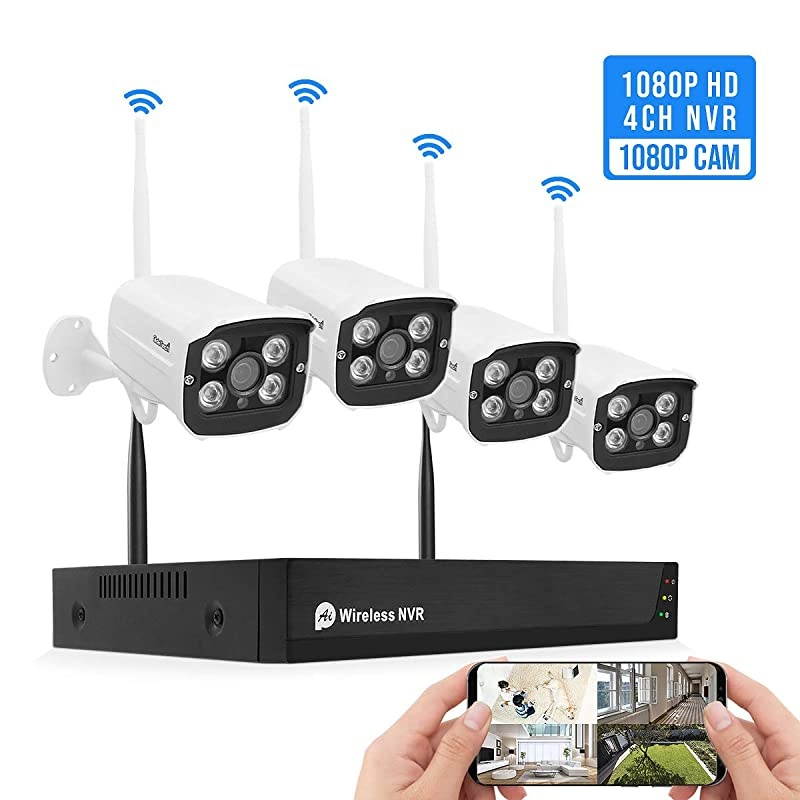 Wireless Security Camera System Outdoor Indoor Plug&Play 8-Channel NVR 4Pcs 2MP WiFi Video Surveillance Cameras with H.265 Night Vision, Motion Detection, P2P, 24/7 Recording, No Hard Drive