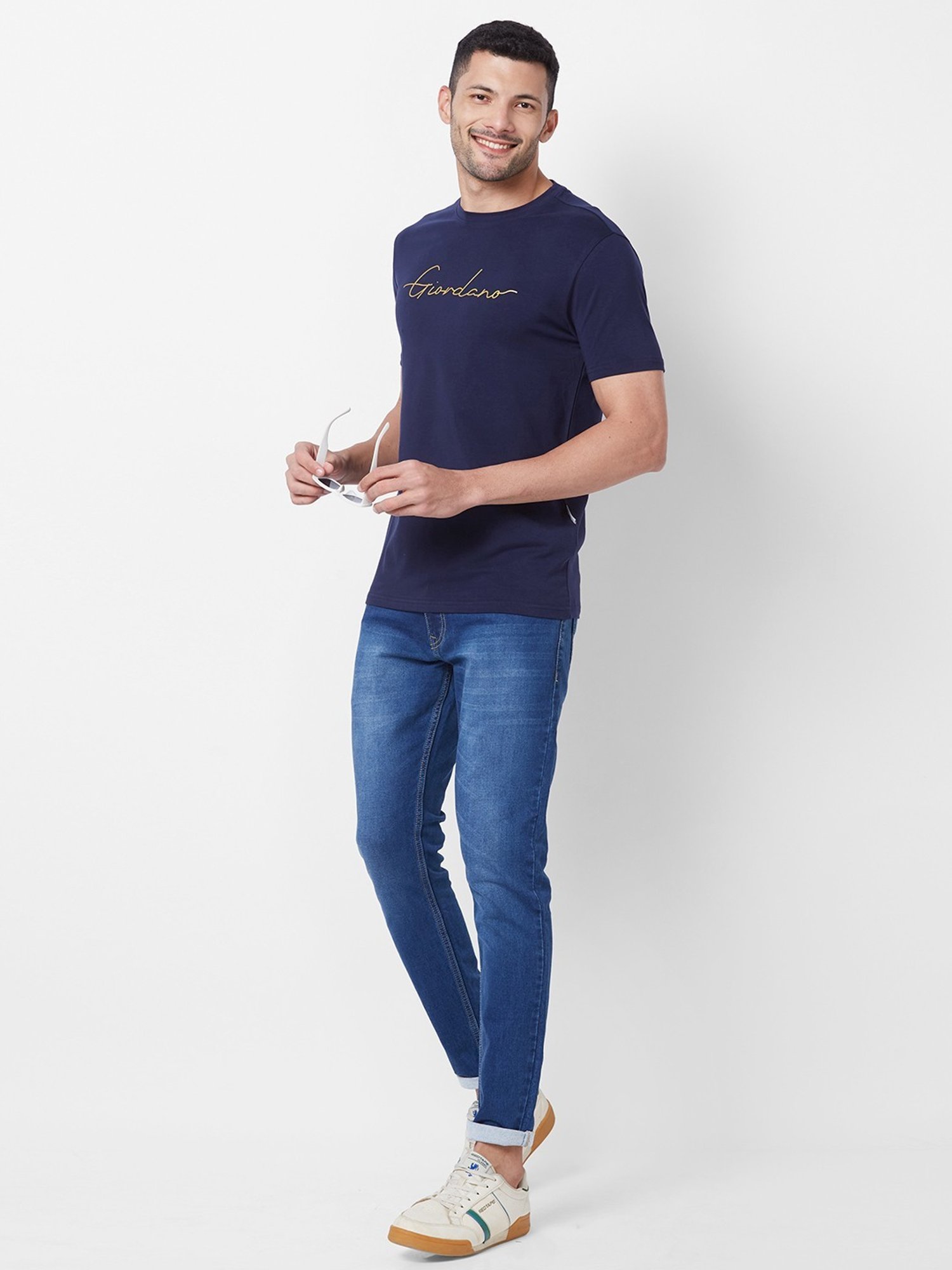 Giordano Navy Cotton Slim Fit Printed T-Shirt