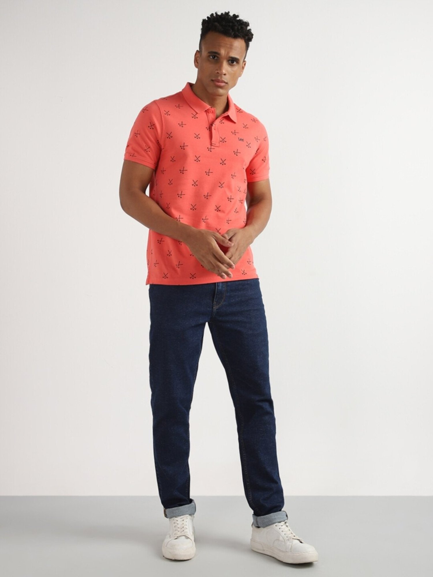 Lee Shiny Pink Cotton Slim Fit Printed Polo T-Shirt