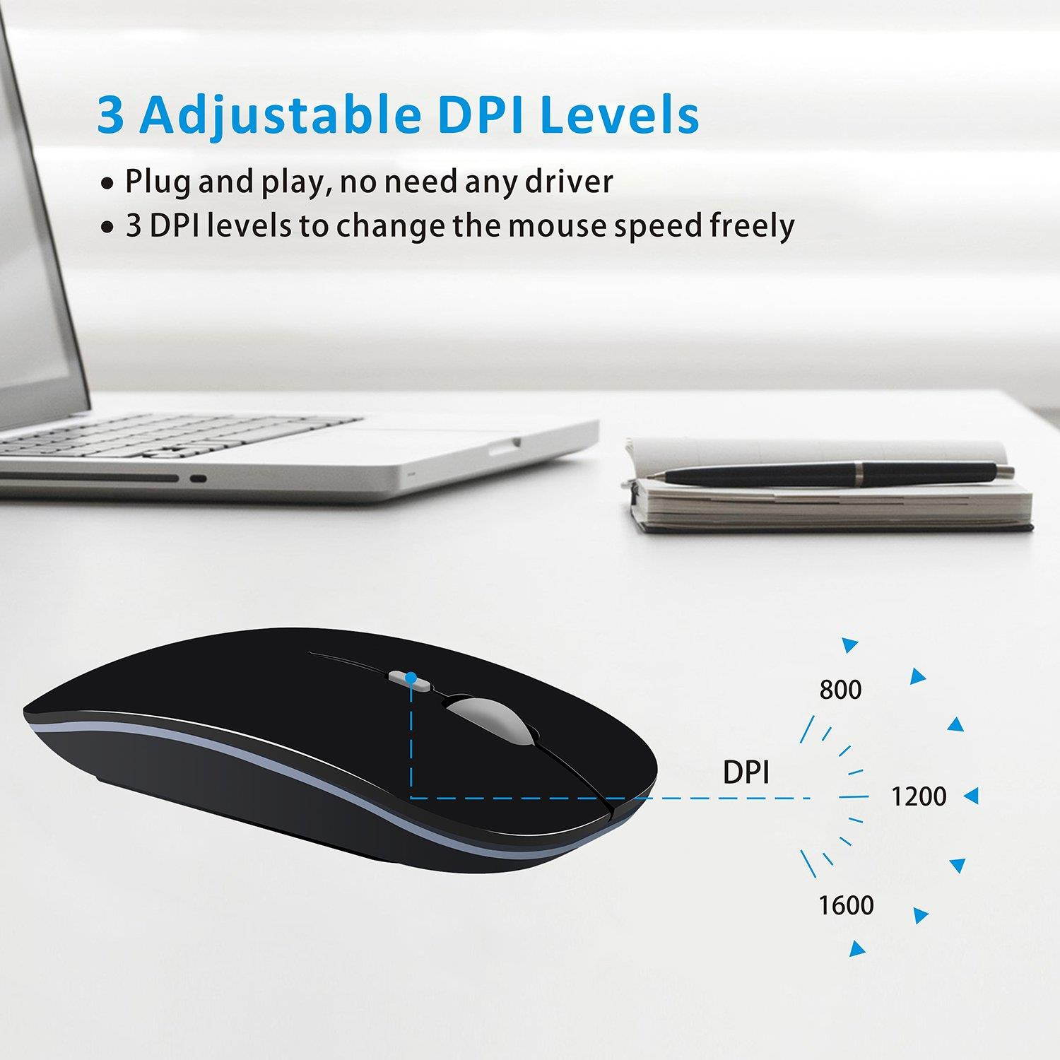 TENMOS T9 Silent Wireless Mouse, 2.4G Ultra Slim Portable Travel Mouse Optical Computer Mice with Nano Receiver Compatible with Notebook, PC, Laptop, Computer (Matte Black)