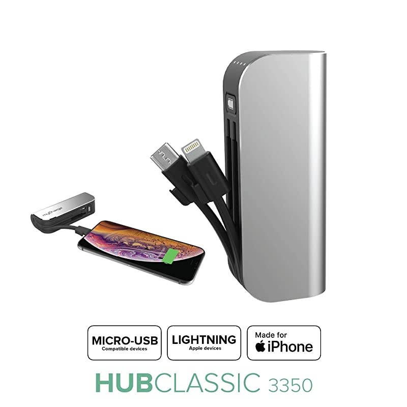HubMini Portable Charger 3300mAh External Battery Pack Power Bank Built-in Lightning Cable and Micro-USB Cable for Cell Phones (iPhone Xs, XS Max, XR, X, 8, 8 Plus, 7, 6S, Samsung Galaxy)