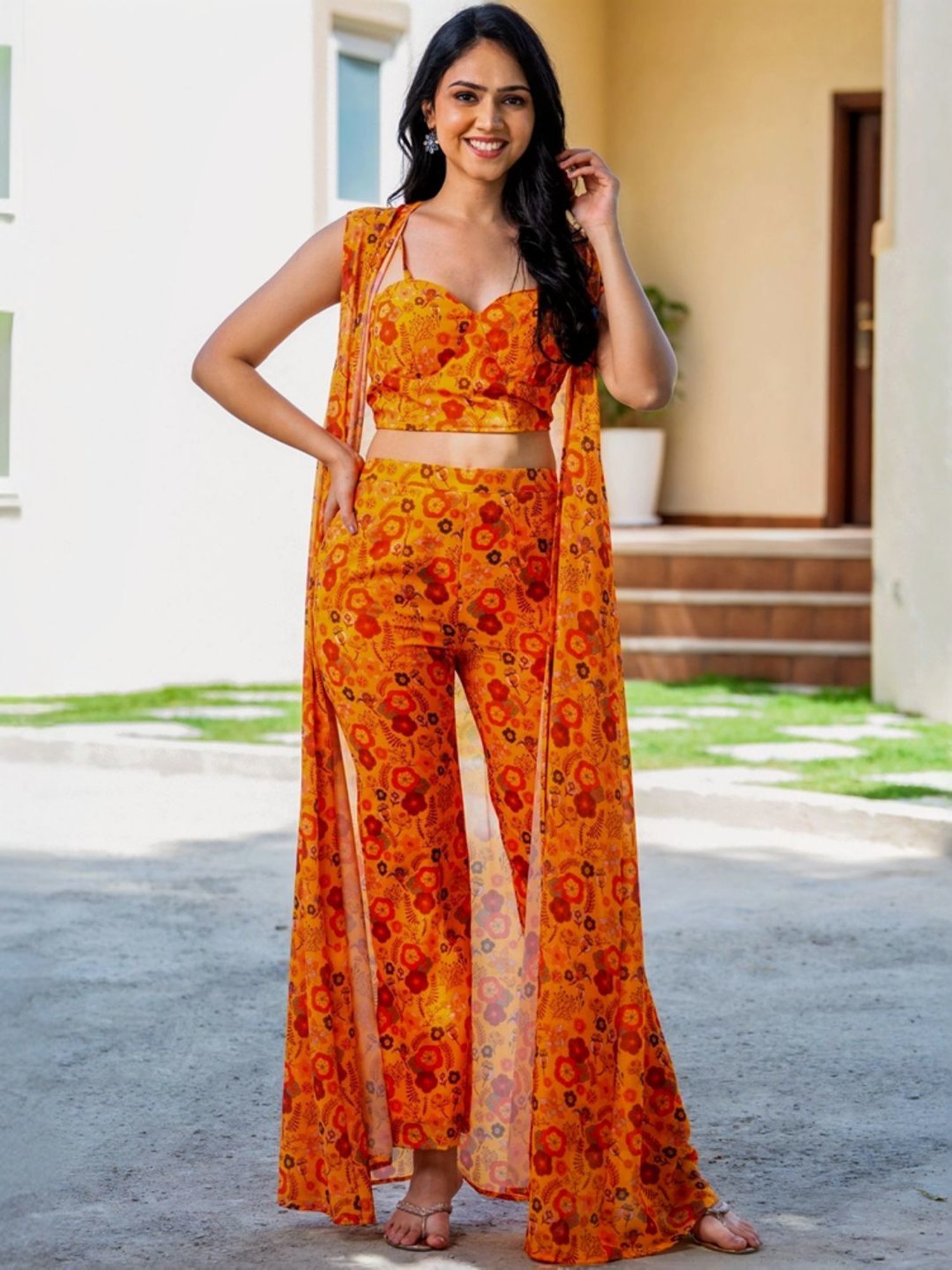 HOUSE OF JAMOTI Mustard Printed Crop Top Palazzo Set With Long Cape