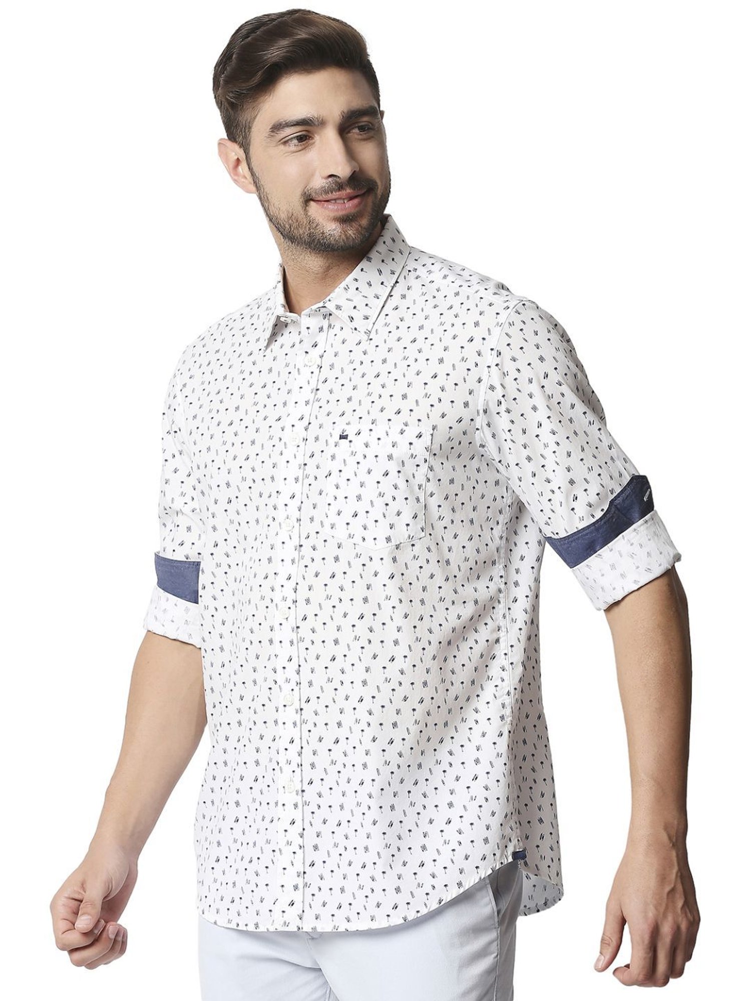 Basics White Cotton Slim Fit Printed Shirt
