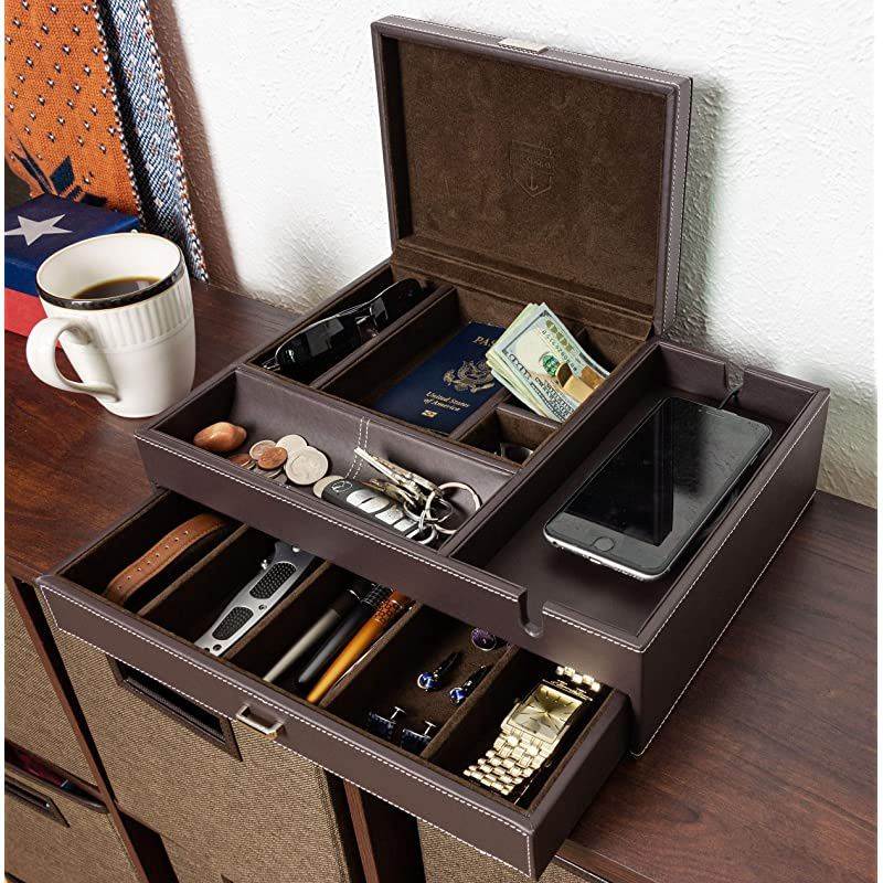 Admiral Big Dresser Valet Box amp Mens Jewelry Box Organizer with Large Smartphone Charging Station Dark Brown