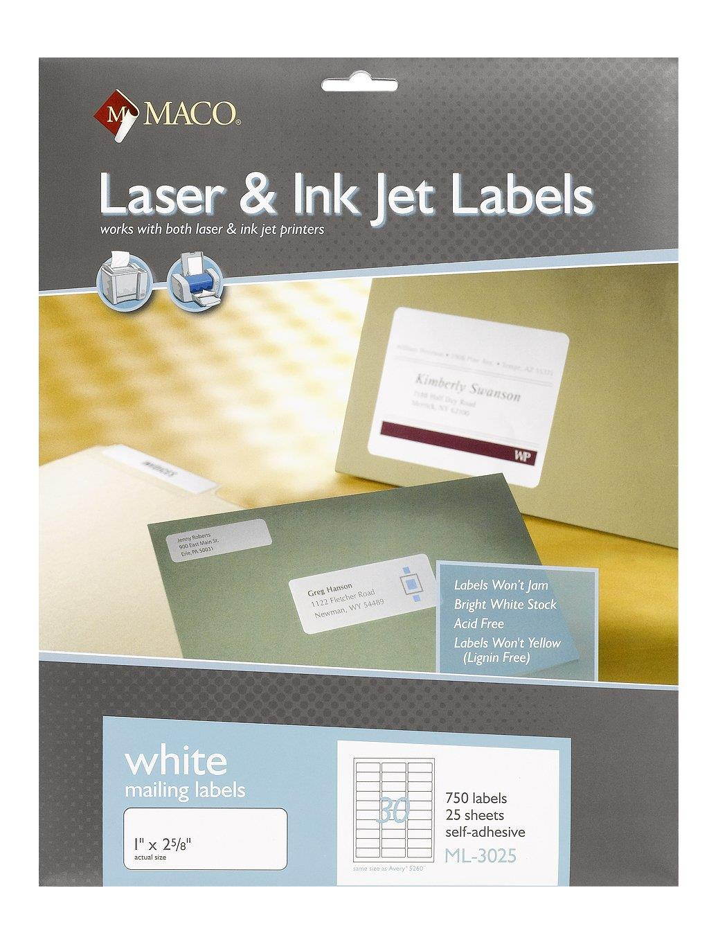 MACO Laser/Ink Jet White Address Labels, 1 x 2-5/8 Inches, 30 Per Sheet, 750 Per Pack (ML-3025)