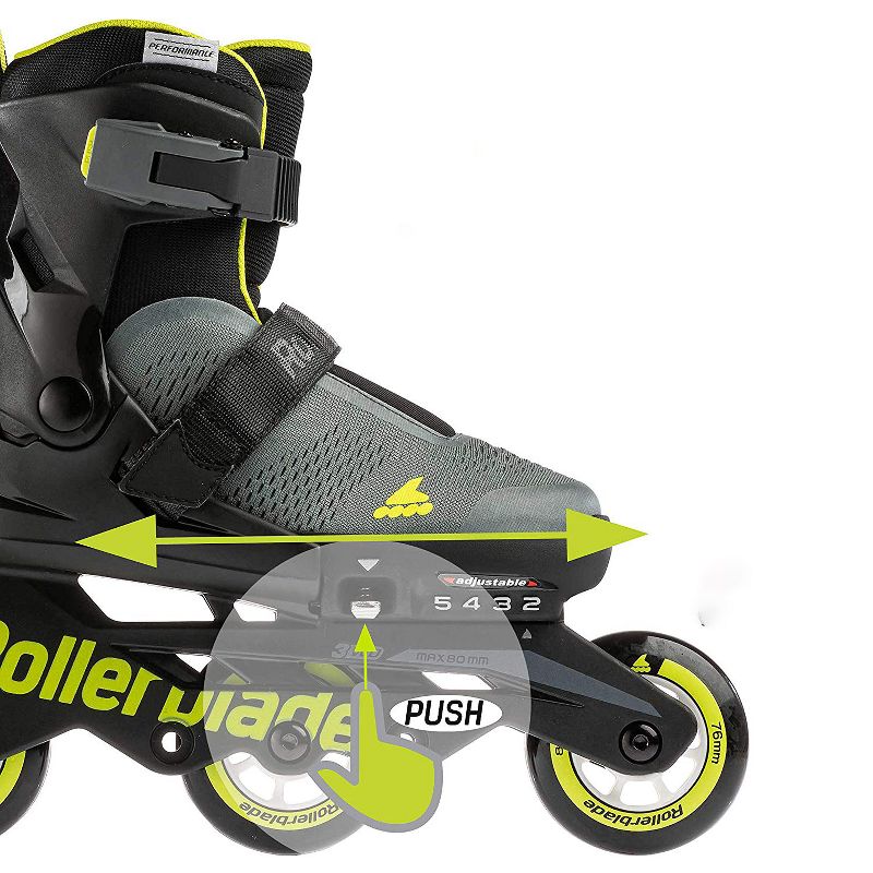 Rollerblade Microblade 3WD Inline Adjustable Lace Free Roller Skates for Kids, Black and Lime
