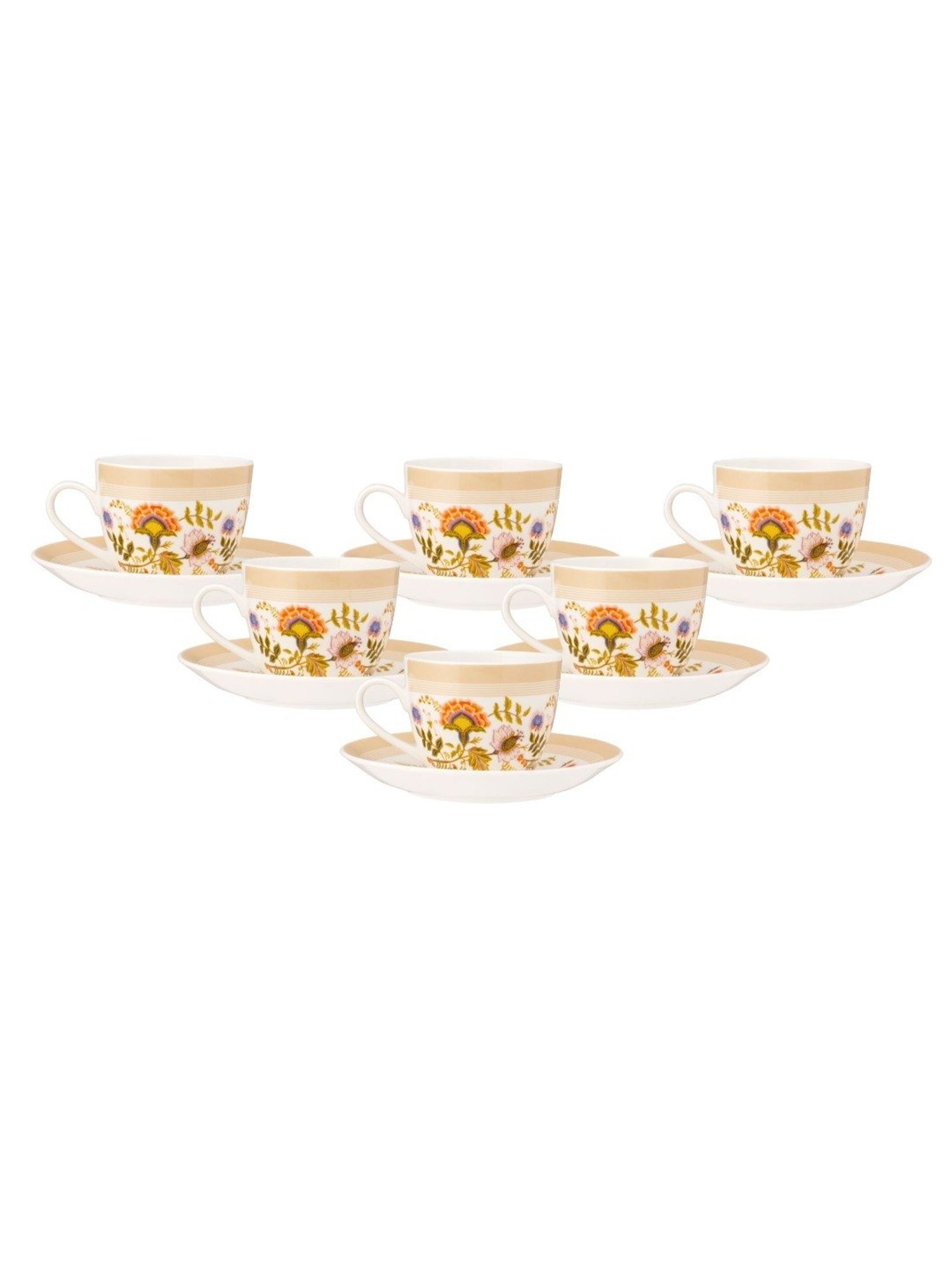 JCPL Fine Printed Beige Ceramic Cup & Saucer 180 ml - Set of 12