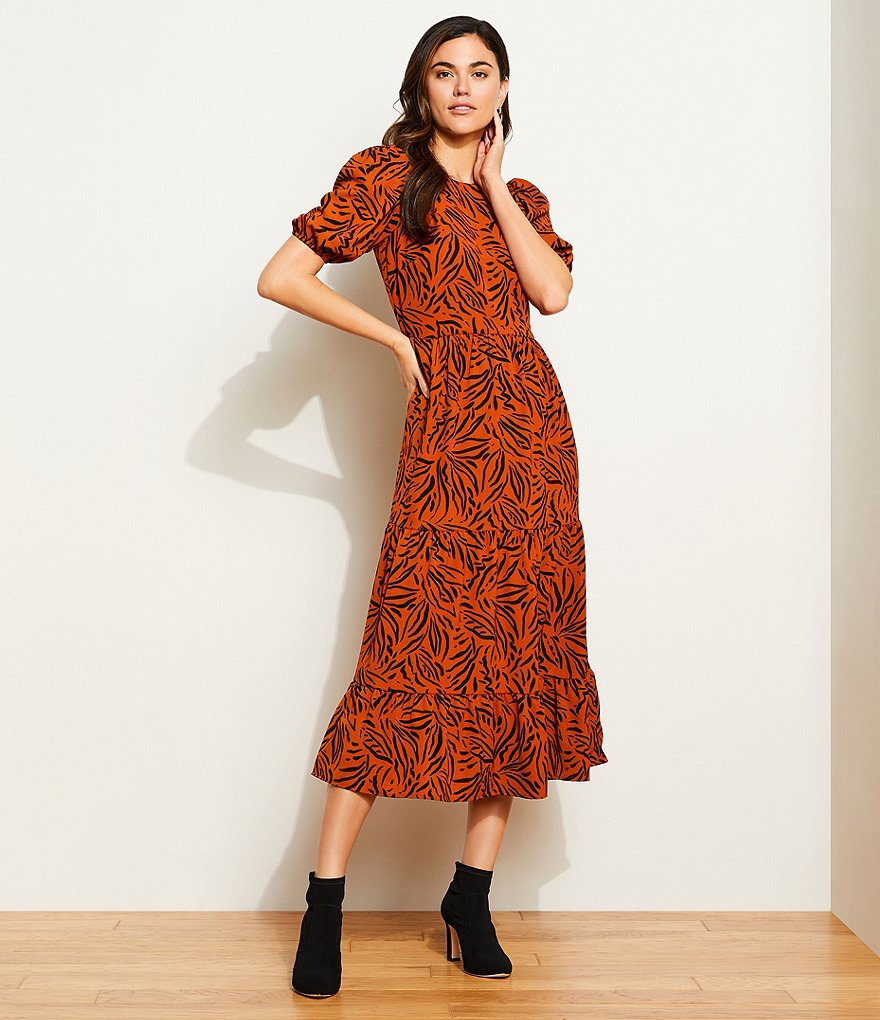 Eliza J Printed Tiered Midi Crew Neck Balloon Short Sleeve Dress