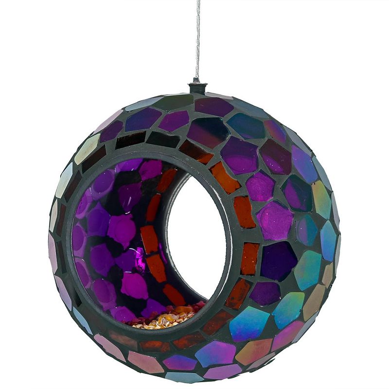 Sunnydaze Outdoor Garden Patio Round Glass with Mosaic Design Hanging Fly-Through Bird Feeder - 6" - Purple