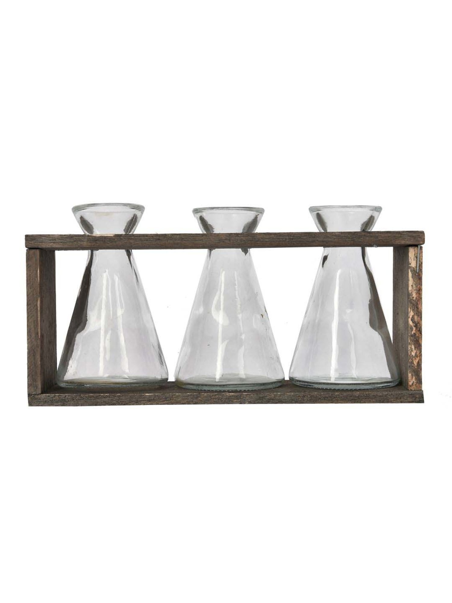 Tayhaa Transparent & Brown Glass Wooden Oraganised Vase Holder - Set of 3
