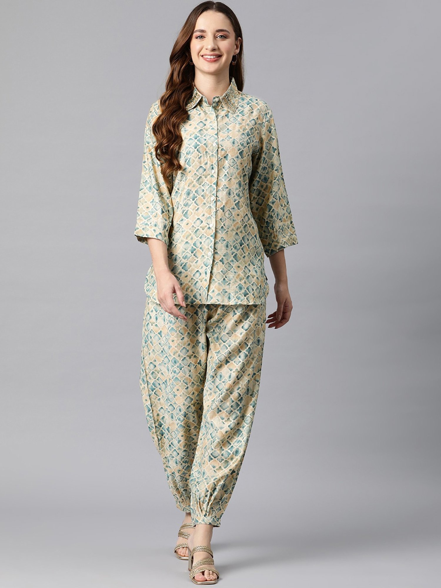 READIPRINT FASHIONS Beige & Blue Printed Shirt Salwaar Set