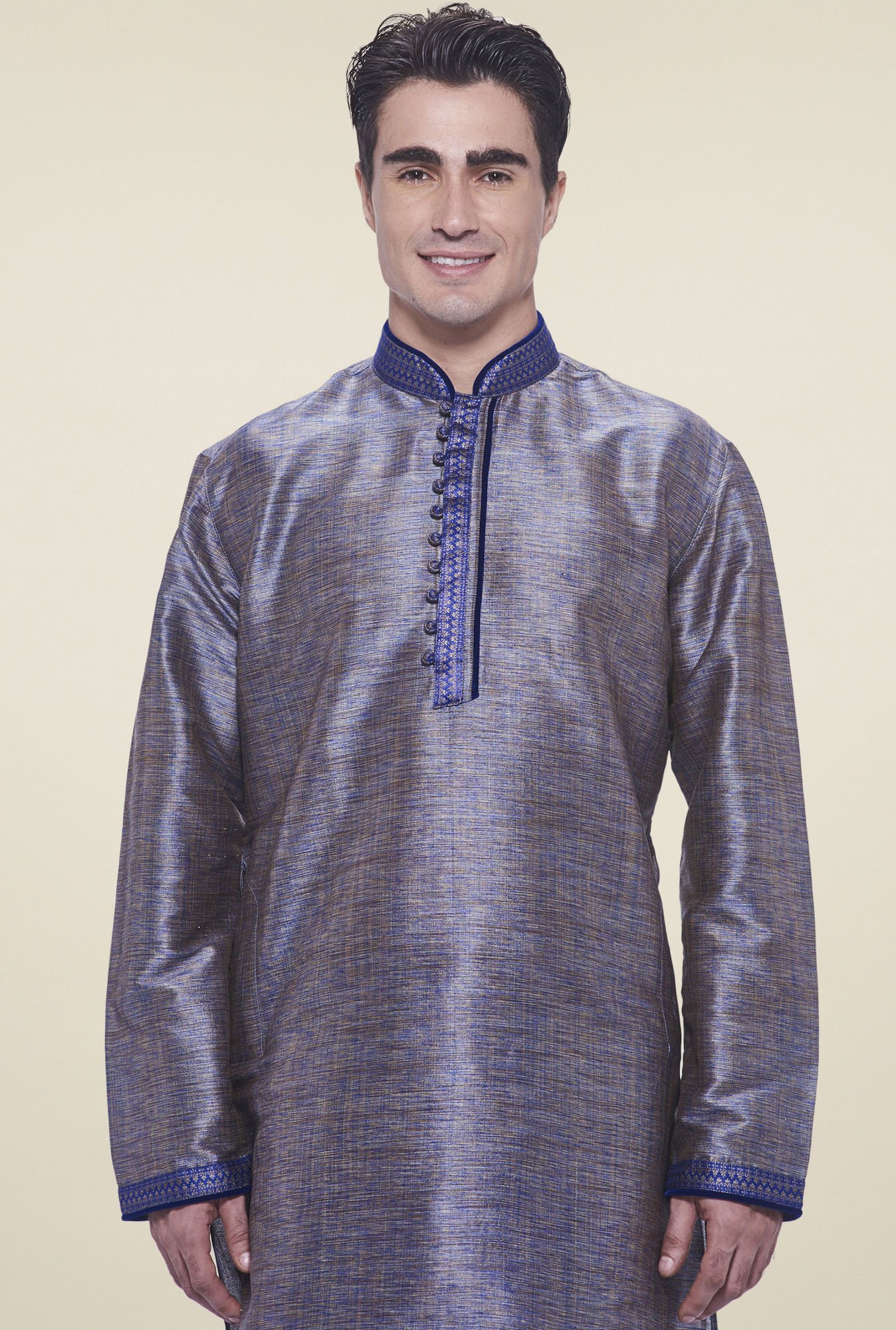 Manyavar Dark Blue Mandarin Collar Kurta Set