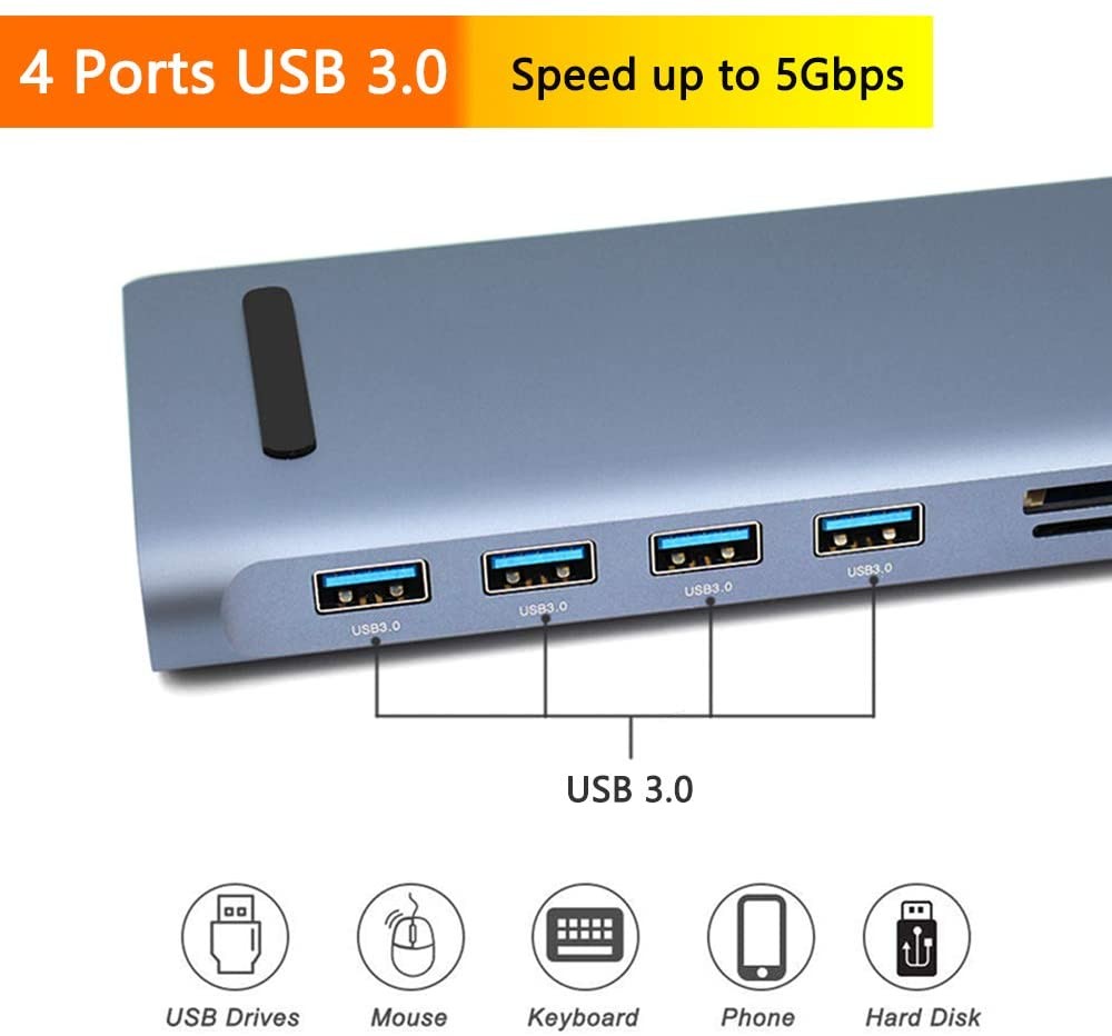 USB C HUB 12 in 1 Docking Station 4K@30Hz HDMI, Mini DP, 4 USB 3.0, RJ45 Ethernet, VGA 1080P, SD/TF Card Reader, 60W PD Charging Power, 3.5mm Audio for Macbook and Type-C Laptops