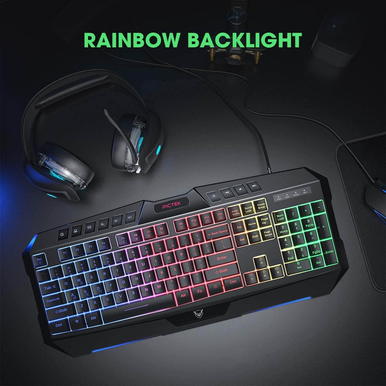 PICTEK Backlit Keyboard and Mouse Combo, LED Wired Gaming Keyboard, Ergonomic Keyboard, Wrist Rest Keyboard with Efficient Multimedia Keys, Programmable Gaming Mouse for Mac, PC, Sega Game Gear Games