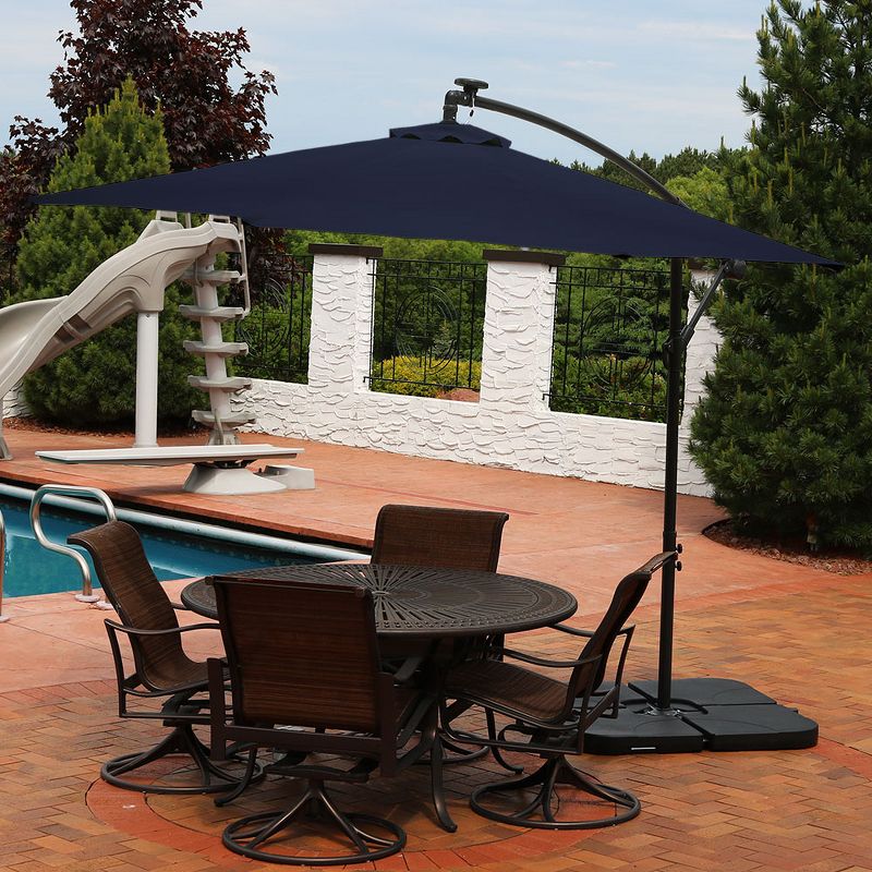 Sunnydaze Outdoor Cantilever Offset Patio with Solar LED Lights, Crank, and Cross Base - 10' - Navy Blue