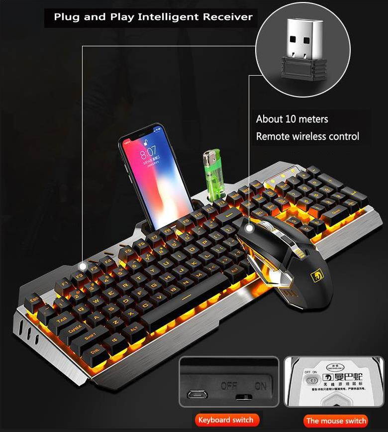 Wireless Gaming Keyboard And Mouse Set, Rechargable Backlit Mechanical Feel Waterproof Metal Panel Keyboard Mouse for Laptop PC Gamer