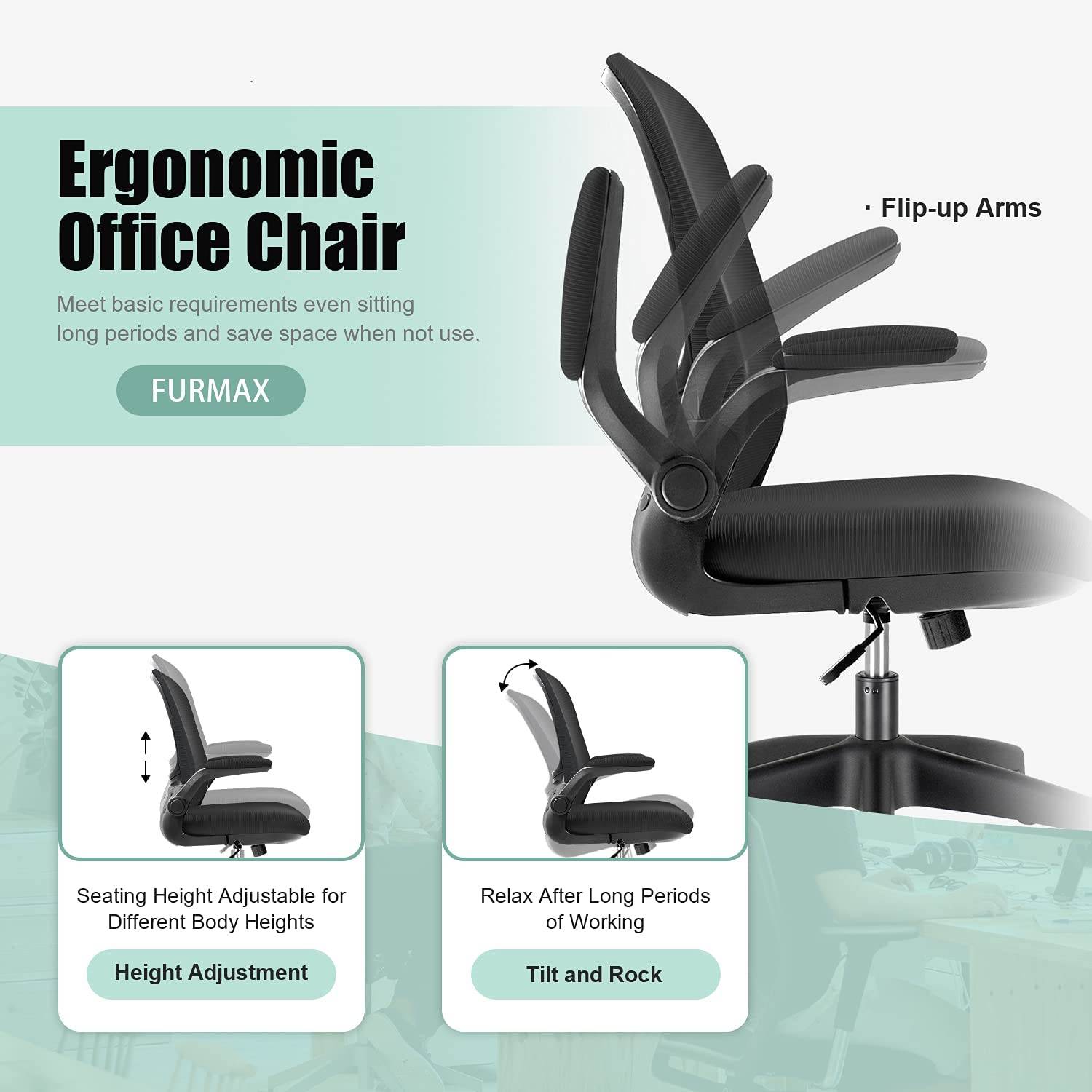 Furmax Office Chair Mesh Desk Chair with Adjustable Arms Ergonomic Computer Chair Rolling Chair with Back and Lumbar Support (Black)