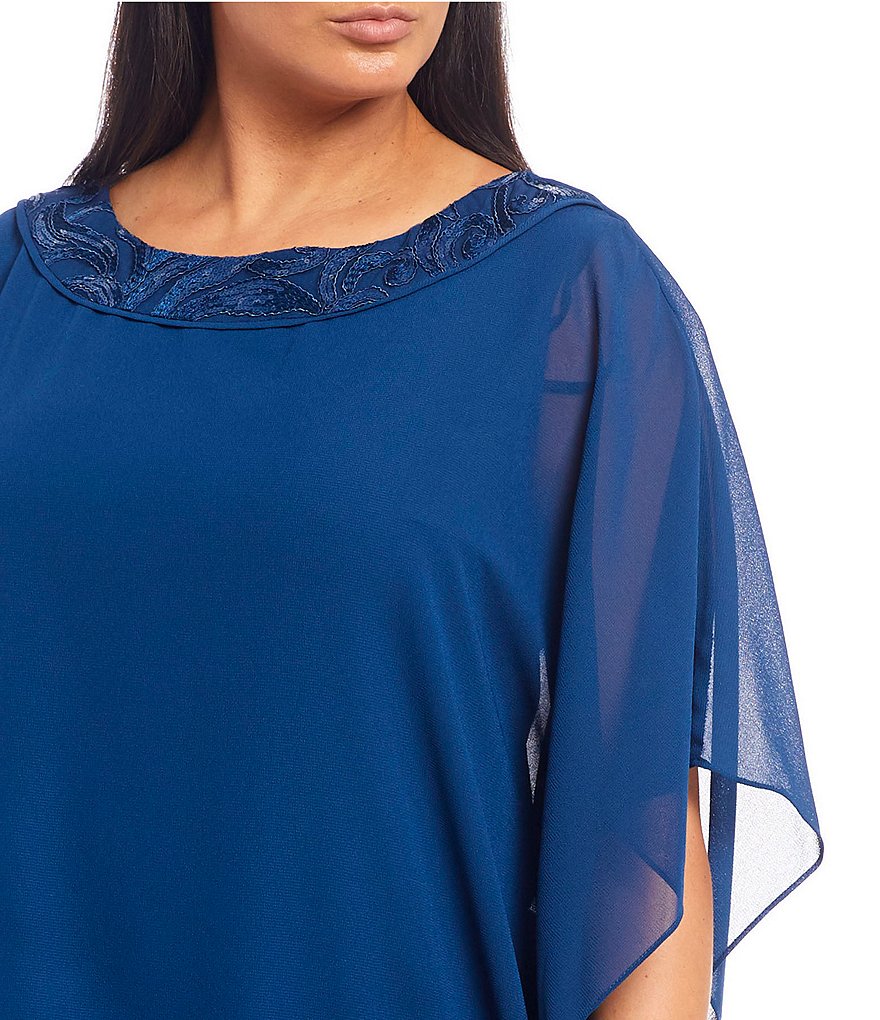 Le Bos Plus Size Round Neck 3/4 Sleeve Embroidered Trim Two-Piece Georgette Pant Set