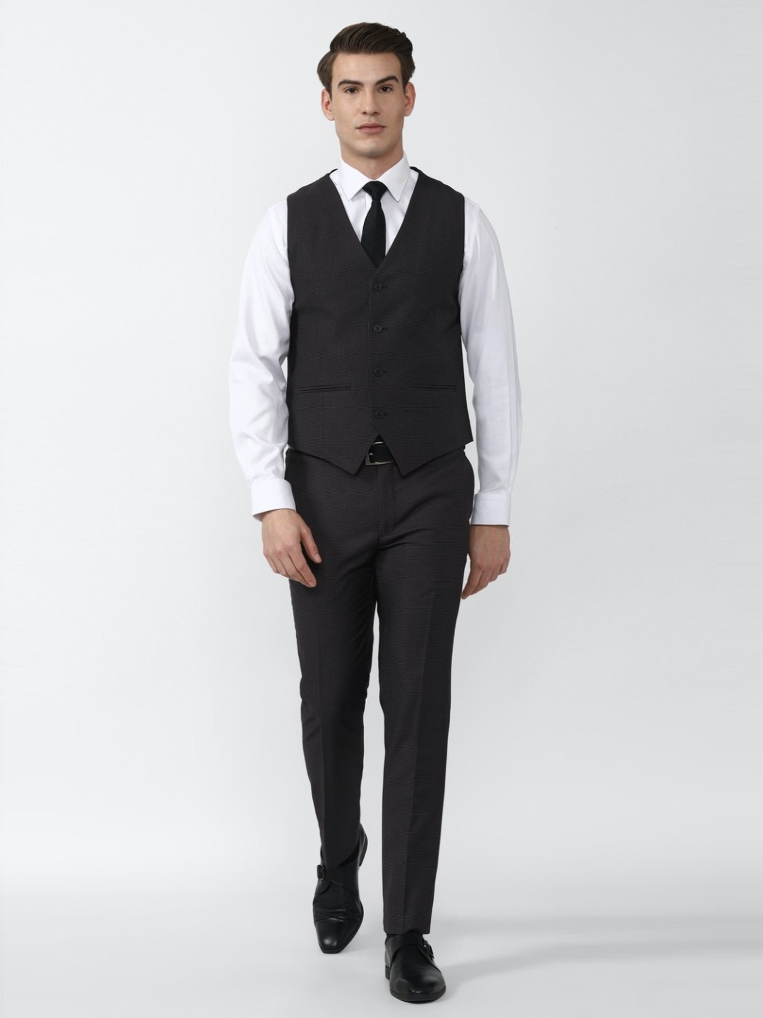 V Dot Black Skinny Fit Three Piece Suit