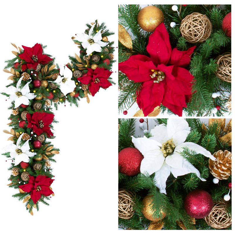 Easy Treezy Indoor Artificial 6 Foot Pre Lit Decorated Holiday Christmas Garland with White Lights, Poinsettias, Christmas Ornaments, and Pine Cones