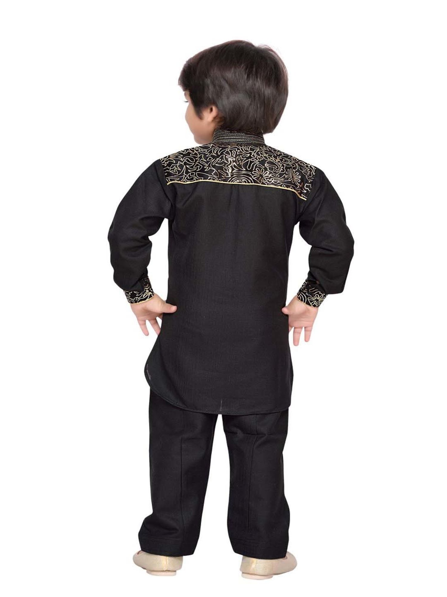 AJ Dezines Kids Black Cotton Embroidered Full Sleeves Kurta Set