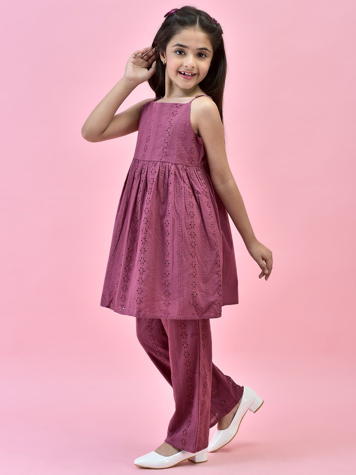 Juniper Girls Wine Self Design Kurta With Pants
